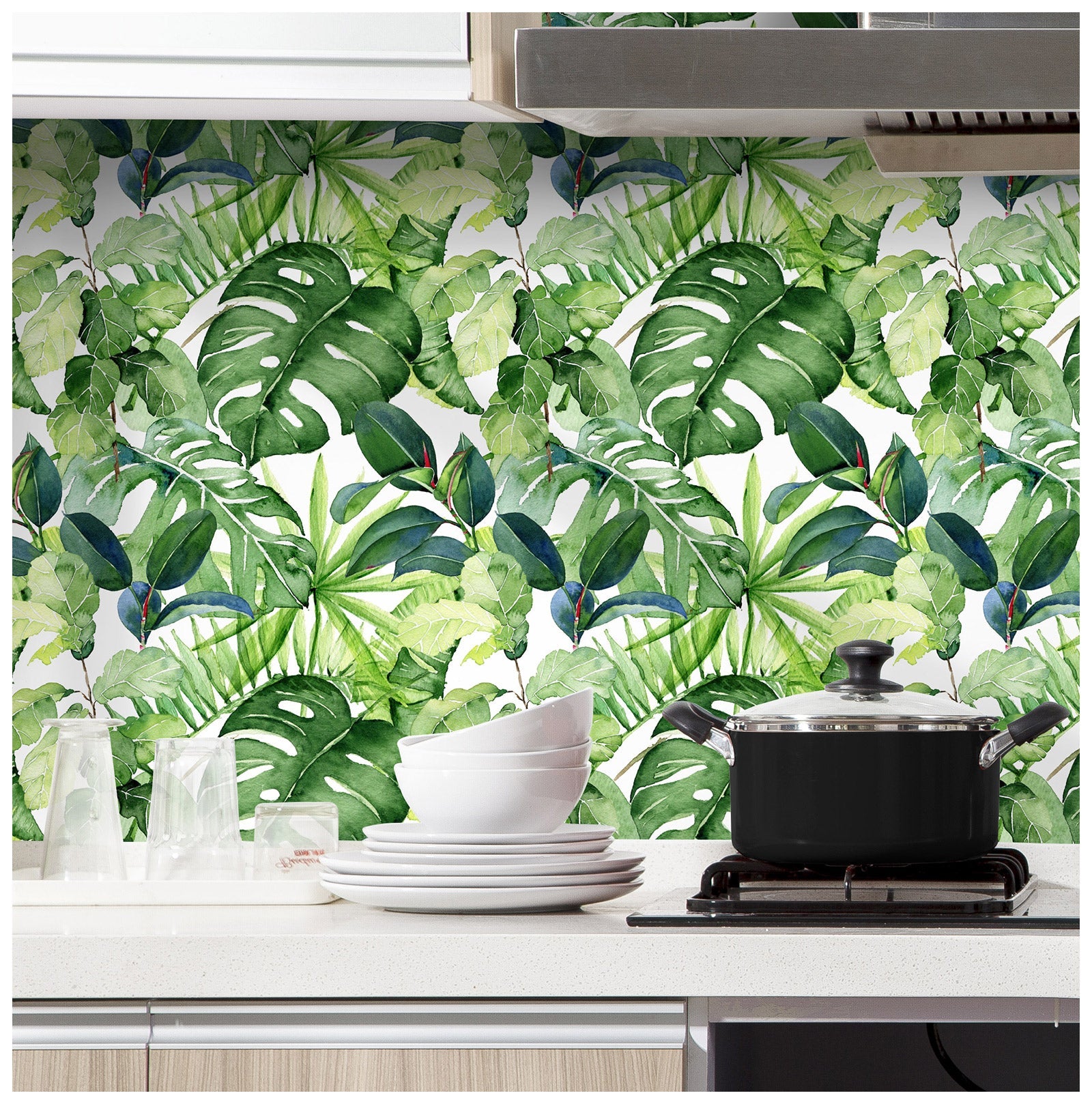 Floralplus Tropical Leaf Wallpaper Peel and Stick Green Watercolor Jungle Botanical Removable Wall Mural Self Adhesive Wall Decor for Bedroom Living Room Bathroom Nursery