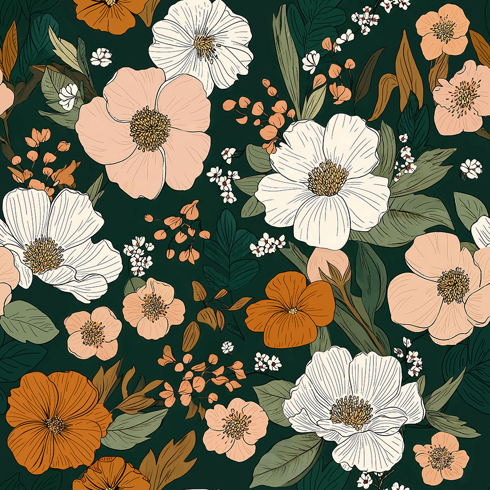 Floralplus Vintage Botanical Floral Peel and Stick Wallpaper Dark Green Peach Orange Boho Removable Decor