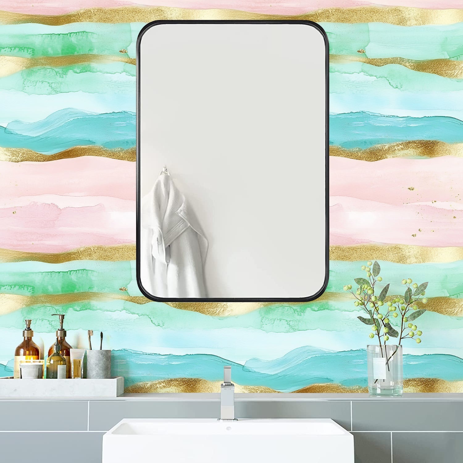 Floralplus Wallpaper Peel and Stick Abstract Pastel Pink Mint Aqua Gold Watercolor Stripe Wall Mural Boho Coastal Nursery Kids Room Bathroom Removable