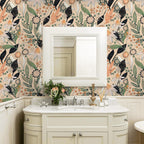 Floralplus Wallpaper Peel and Stick Beige Botanical Floral Boho Green Orange Retro Wall Decor Bathroom Bedroom Nursery Self Adhesive Removable Mural