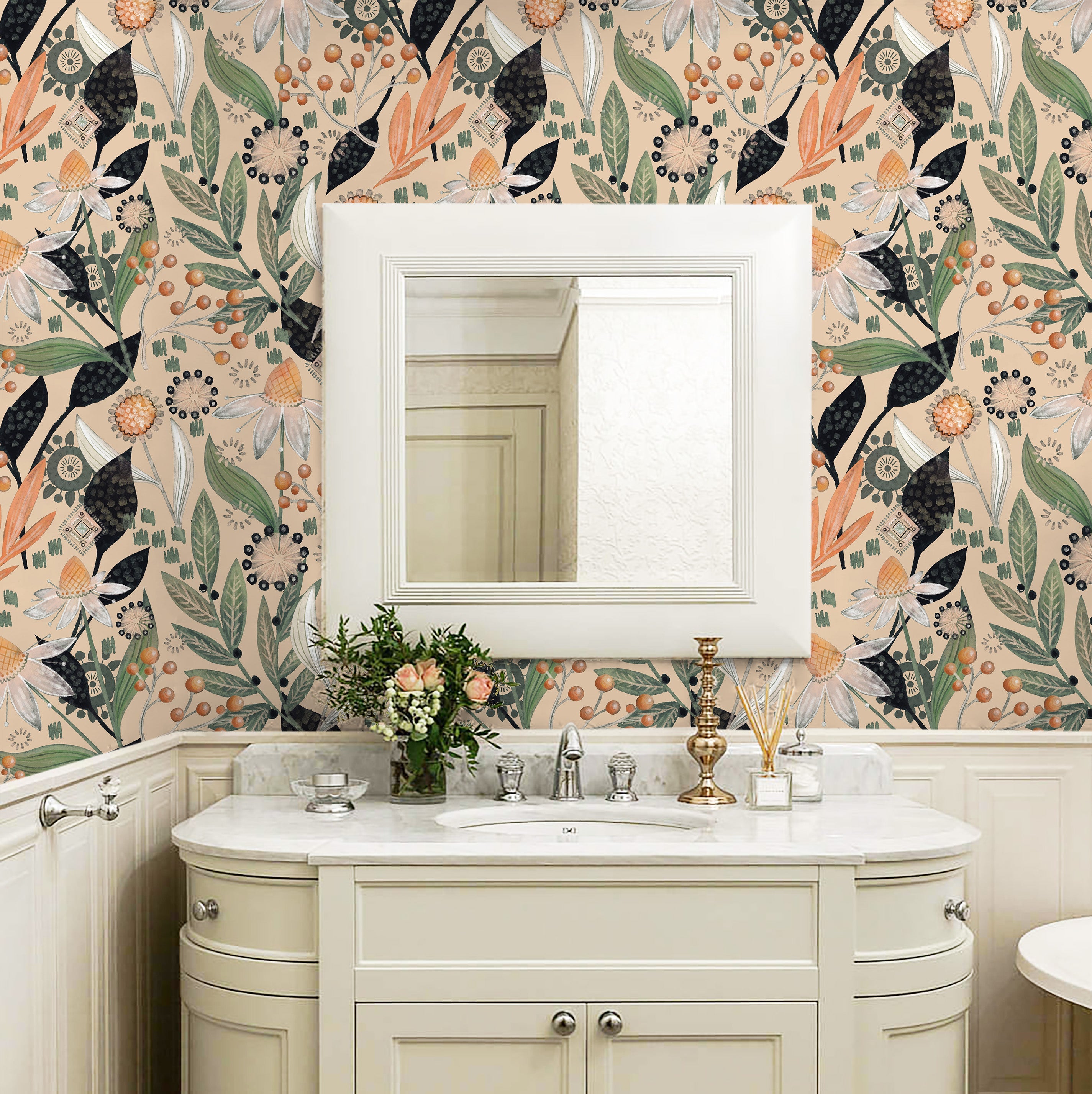 Floralplus Wallpaper Peel and Stick Beige Botanical Floral Boho Green Orange Retro Wall Decor Bathroom Bedroom Nursery Self Adhesive Removable Mural