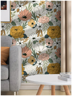 Floralplus Wallpaper Peel and Stick Beige Floral Boho Vintage Wall Decor Bedroom Living Room Bathroom Nursery Removable Mural