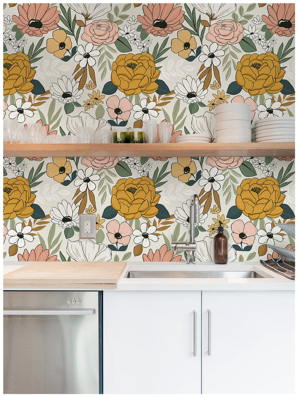 Floralplus Wallpaper Peel and Stick Beige Floral Boho Vintage Wall Decor Bedroom Living Room Bathroom Nursery Removable Mural