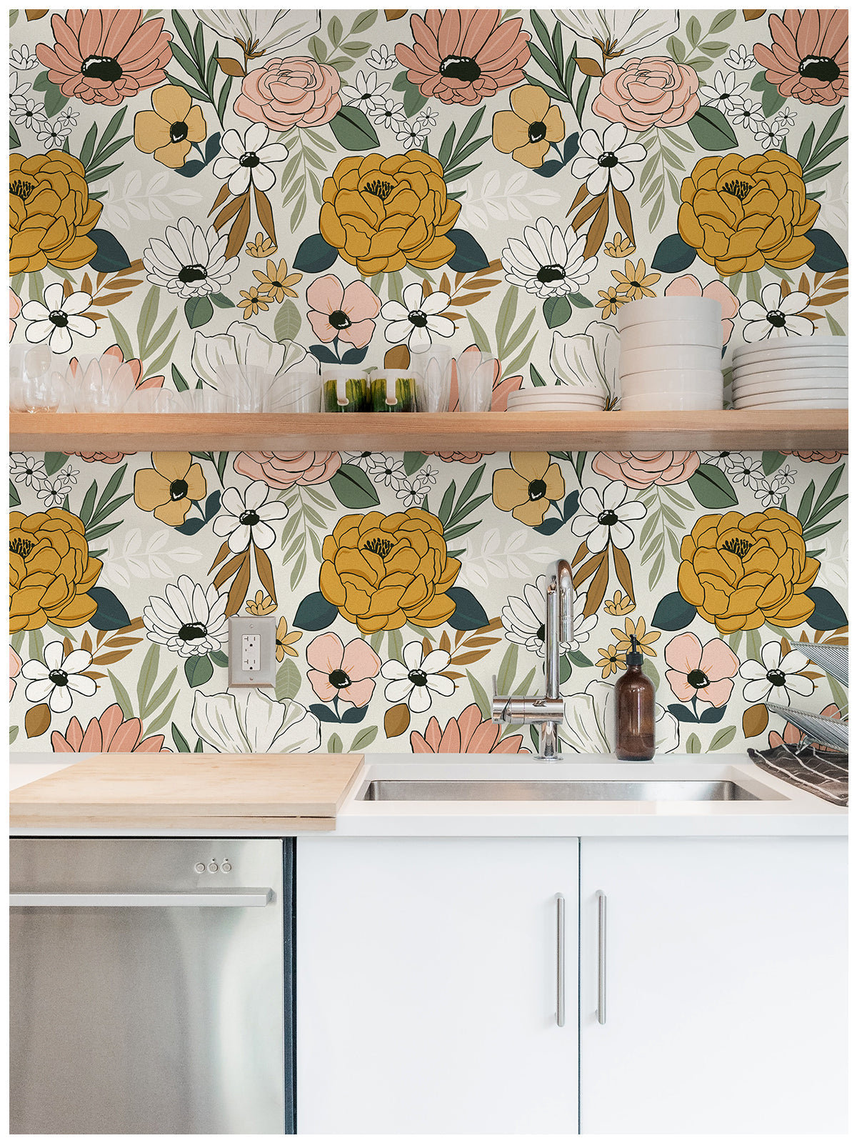 Floralplus Wallpaper Peel and Stick Beige Floral Boho Vintage Wall Decor Bedroom Living Room Bathroom Nursery Removable Mural