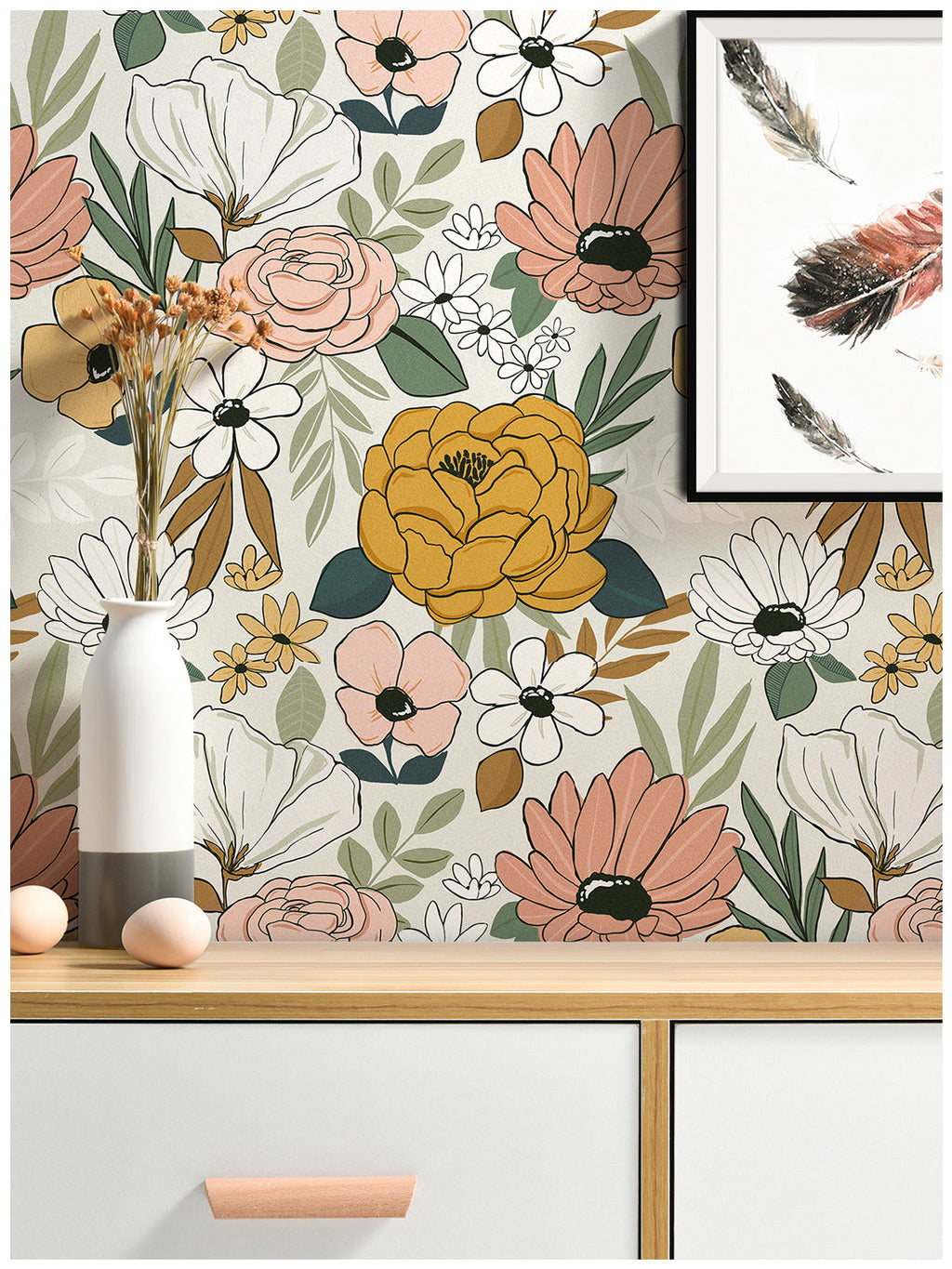 Floralplus Wallpaper Peel and Stick Beige Floral Boho Vintage Wall Decor Bedroom Living Room Bathroom Nursery Removable Mural