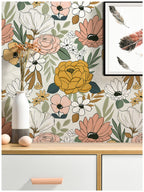 Floralplus Wallpaper Peel and Stick Beige Floral Boho Vintage Wall Decor Bedroom Living Room Bathroom Nursery Removable Mural