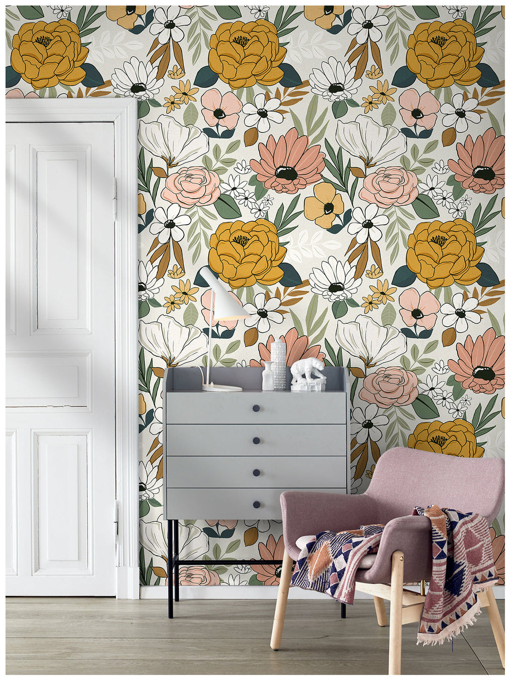 Floralplus Wallpaper Peel and Stick Beige Floral Boho Vintage Wall Decor Bedroom Living Room Bathroom Nursery Removable Mural