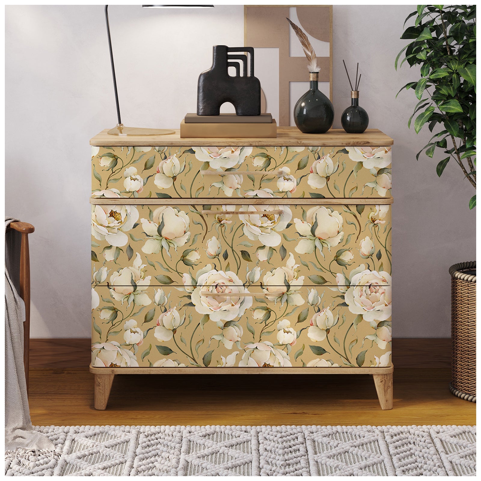 Floralplus Wallpaper Peel and Stick Beige Peony Floral Vintage Wall Decor Bedroom Living Room Bathroom Nursery Removable Mural