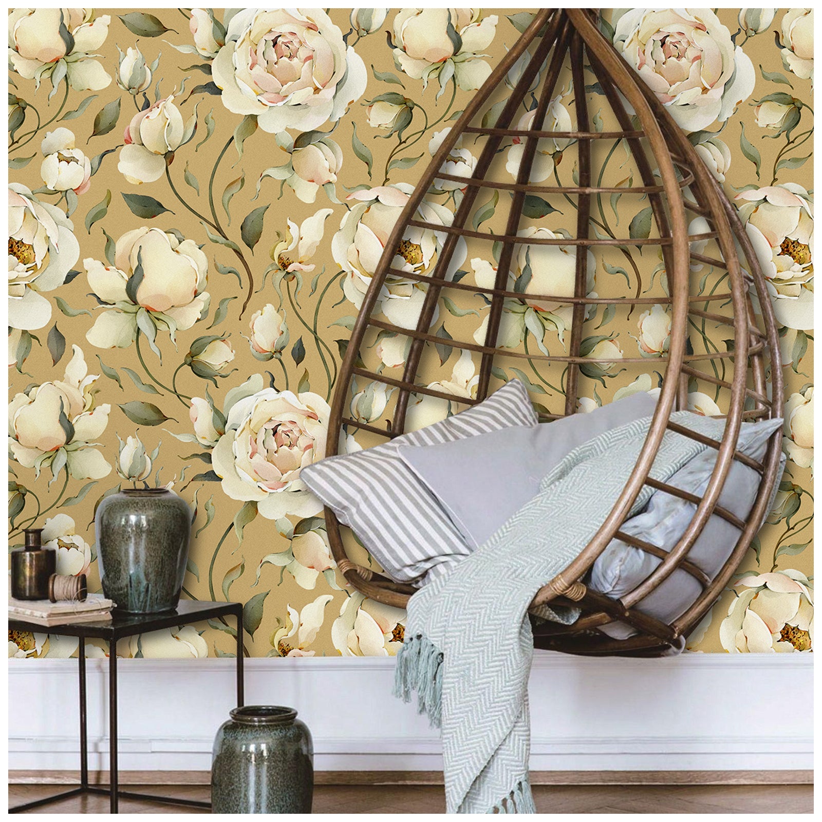 Floralplus Wallpaper Peel and Stick Beige Peony Floral Vintage Wall Decor Bedroom Living Room Bathroom Nursery Removable Mural