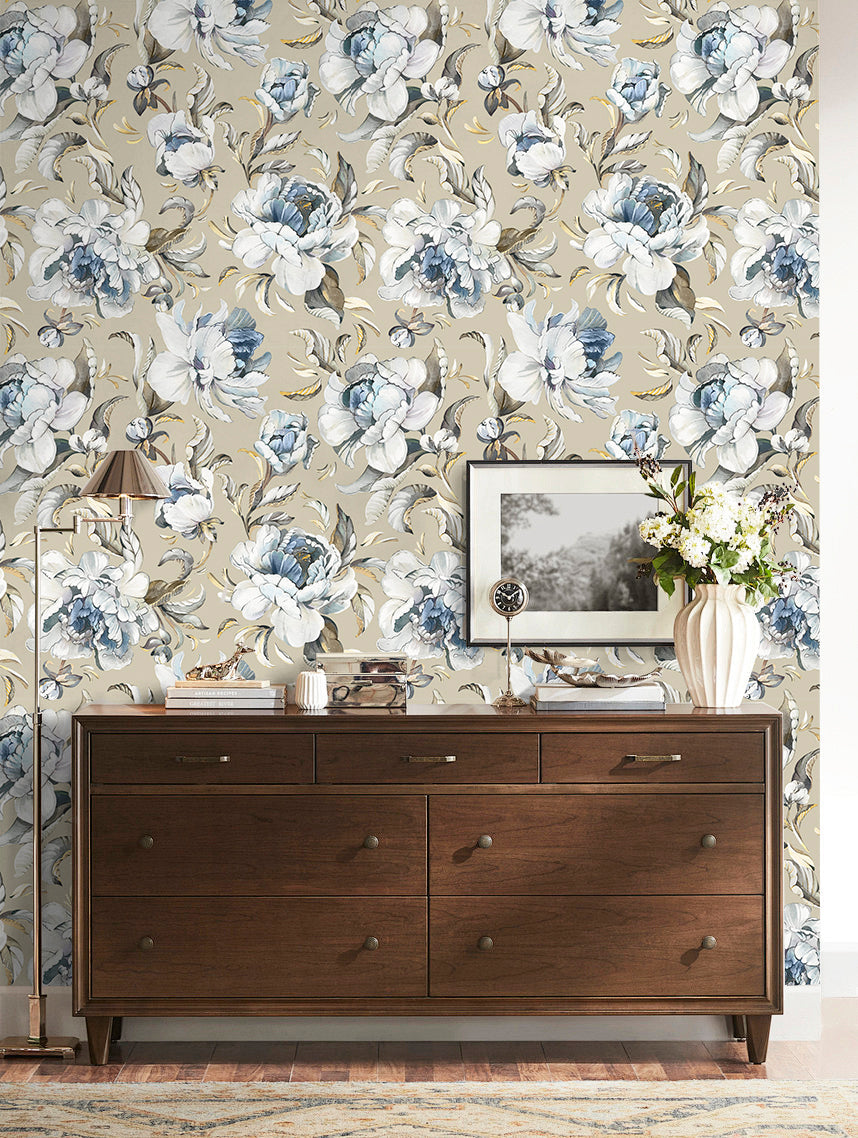 Floralplus Wallpaper Peel and Stick Beige Peony Floral Vintage Watercolor Botanical Wall Decor Bedroom Bathroom Removable Mural