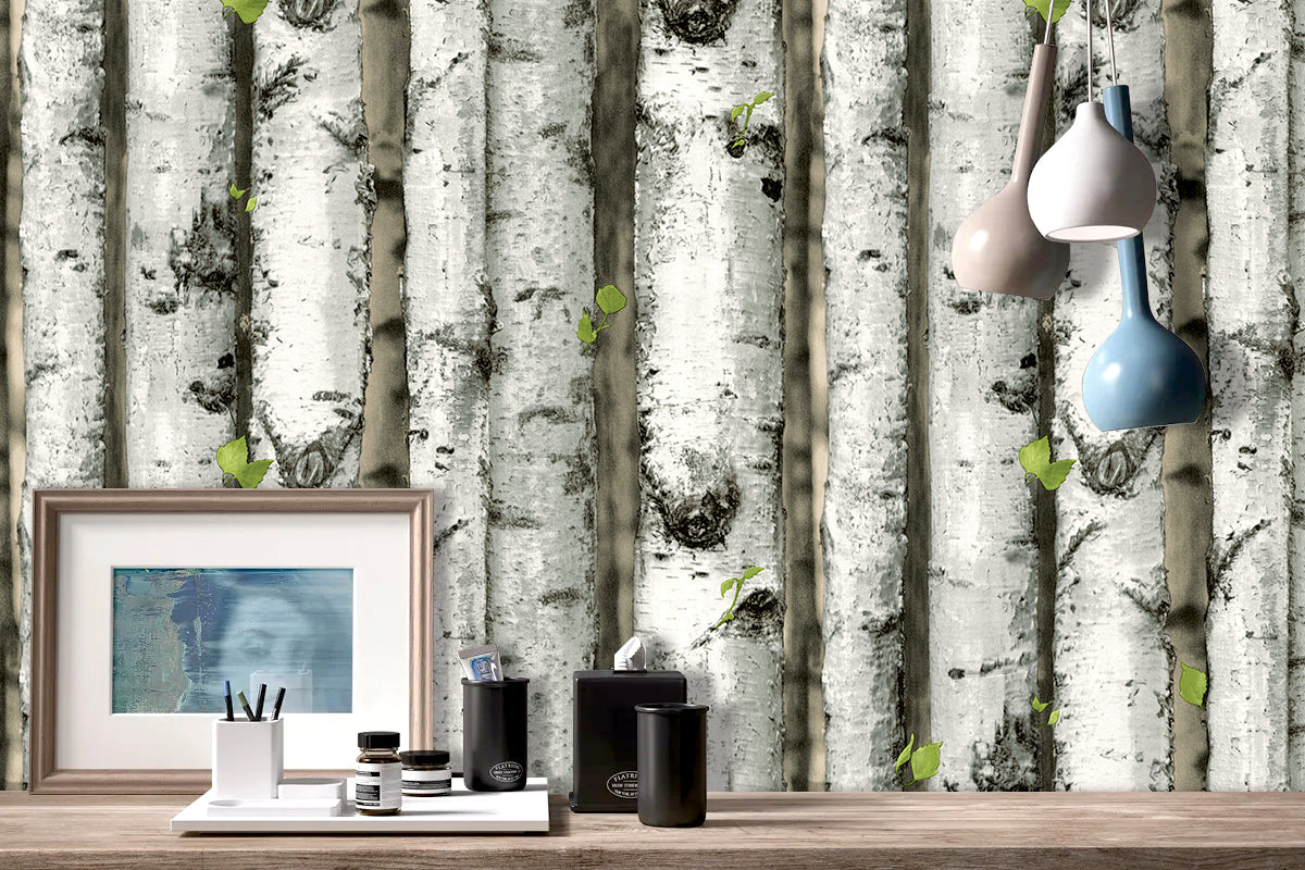 Floralplus Wallpaper Peel and Stick Birch Tree Forest Grey Green Rustic Wood Removable Wall Mural Farmhouse Cabin Bedroom Living Room Bathroom Decor