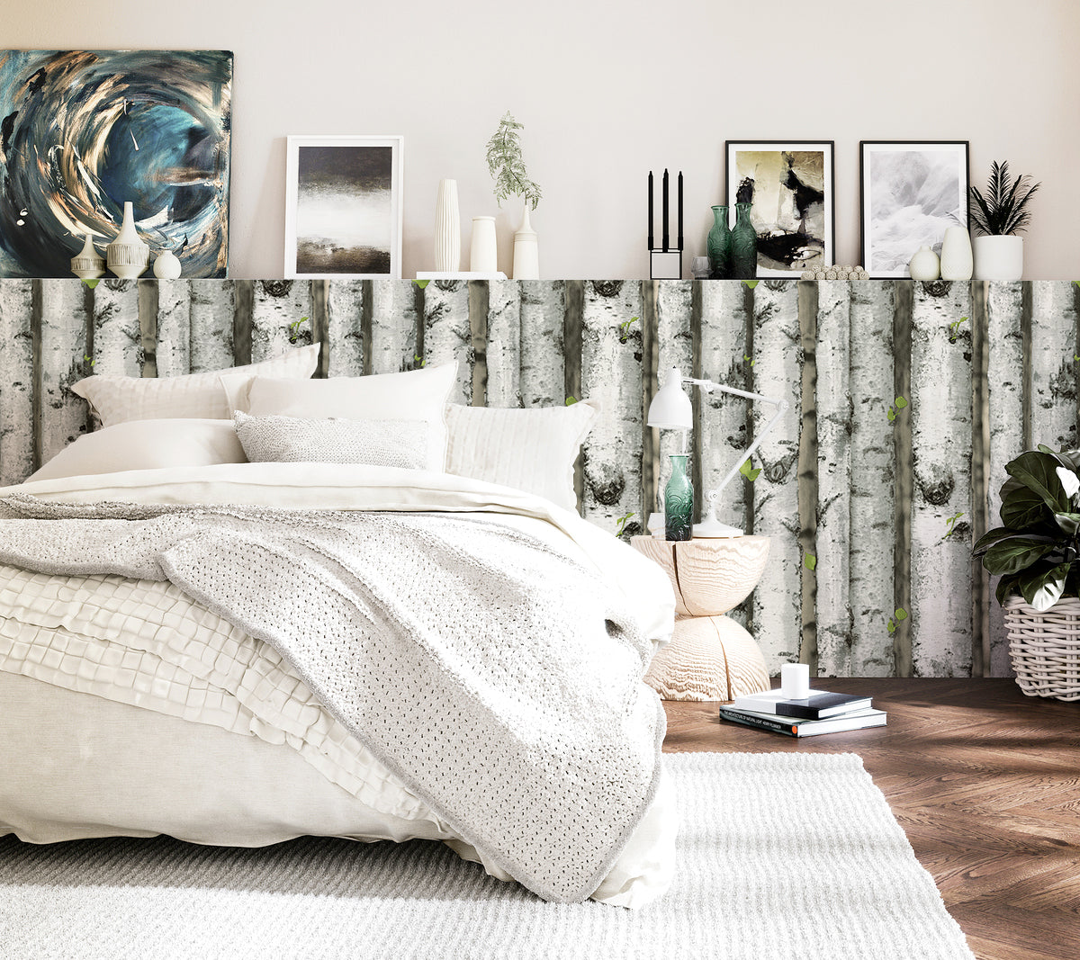 Floralplus Wallpaper Peel and Stick Birch Tree Forest Grey Green Rustic Wood Removable Wall Mural Farmhouse Cabin Bedroom Living Room Bathroom Decor