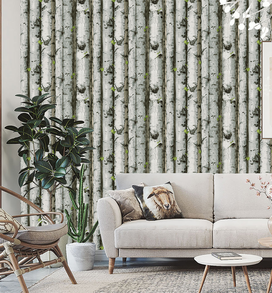Floralplus Wallpaper Peel and Stick Birch Tree Forest Grey Green Rustic Wood Removable Wall Mural Farmhouse Cabin Bedroom Living Room Bathroom Decor