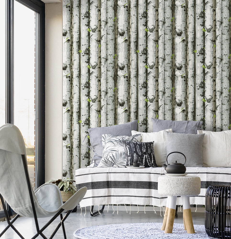 Floralplus Wallpaper Peel and Stick Birch Tree Forest Grey Green Rustic Wood Removable Wall Mural Farmhouse Cabin Bedroom Living Room Bathroom Decor