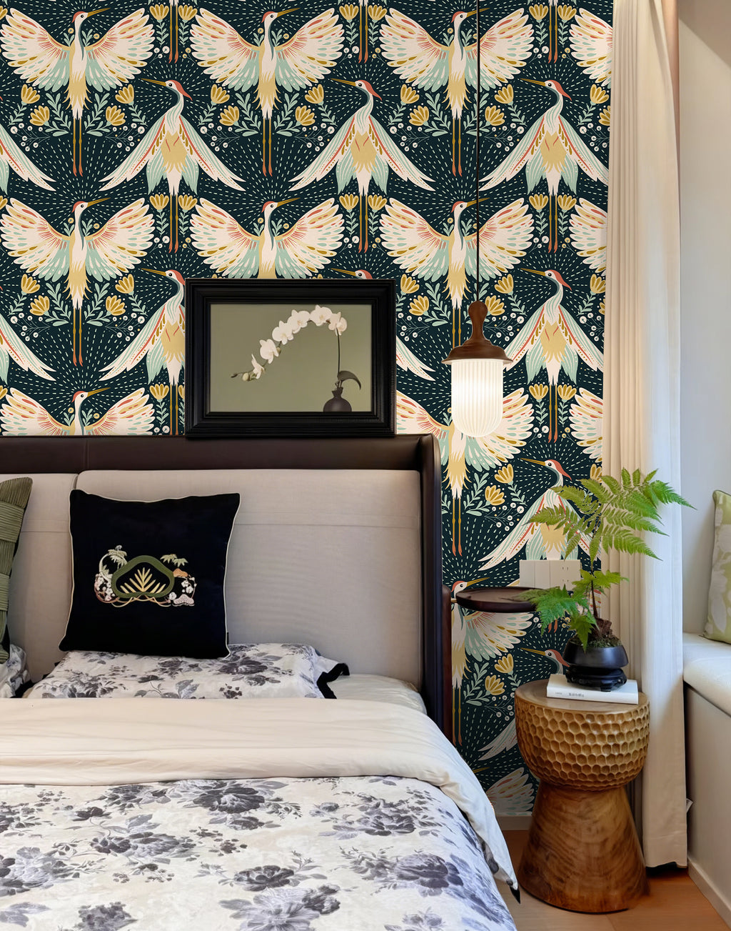 Floralplus Wallpaper Peel and Stick Bird Floral Boho Dark Green Cream Gold Retro Wall Decor Living Room Bedroom Bathroom Removable Mural