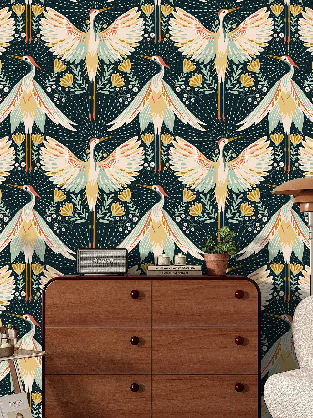 Floralplus Wallpaper Peel and Stick Bird Floral Boho Dark Green Cream Gold Retro Wall Decor Living Room Bedroom Bathroom Removable Mural