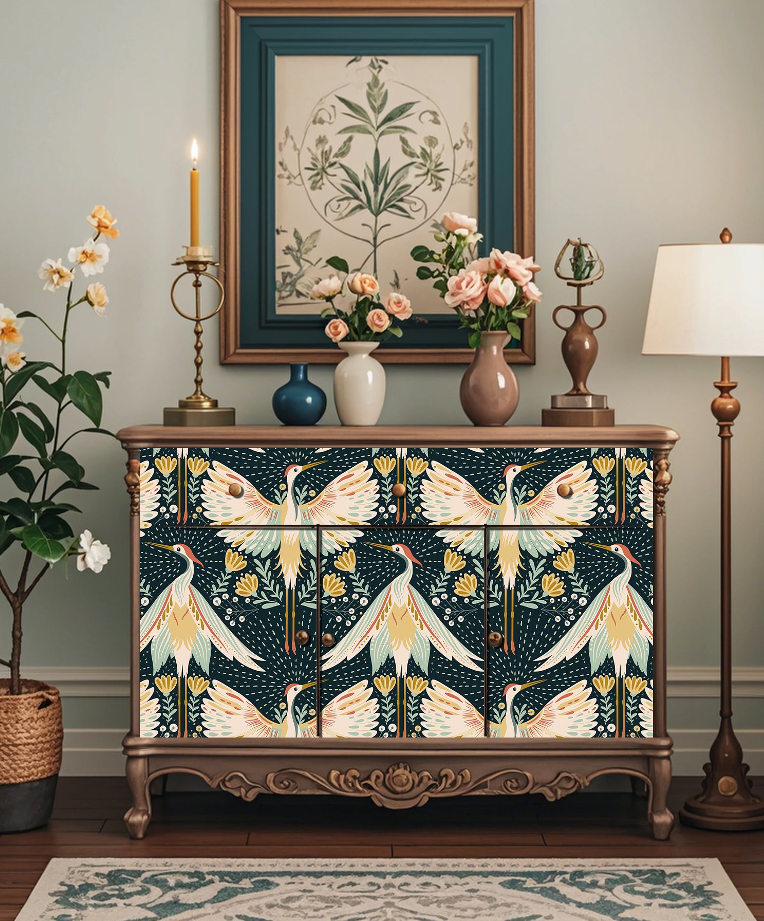 Floralplus Wallpaper Peel and Stick Bird Floral Boho Dark Green Cream Gold Retro Wall Decor Living Room Bedroom Bathroom Removable Mural