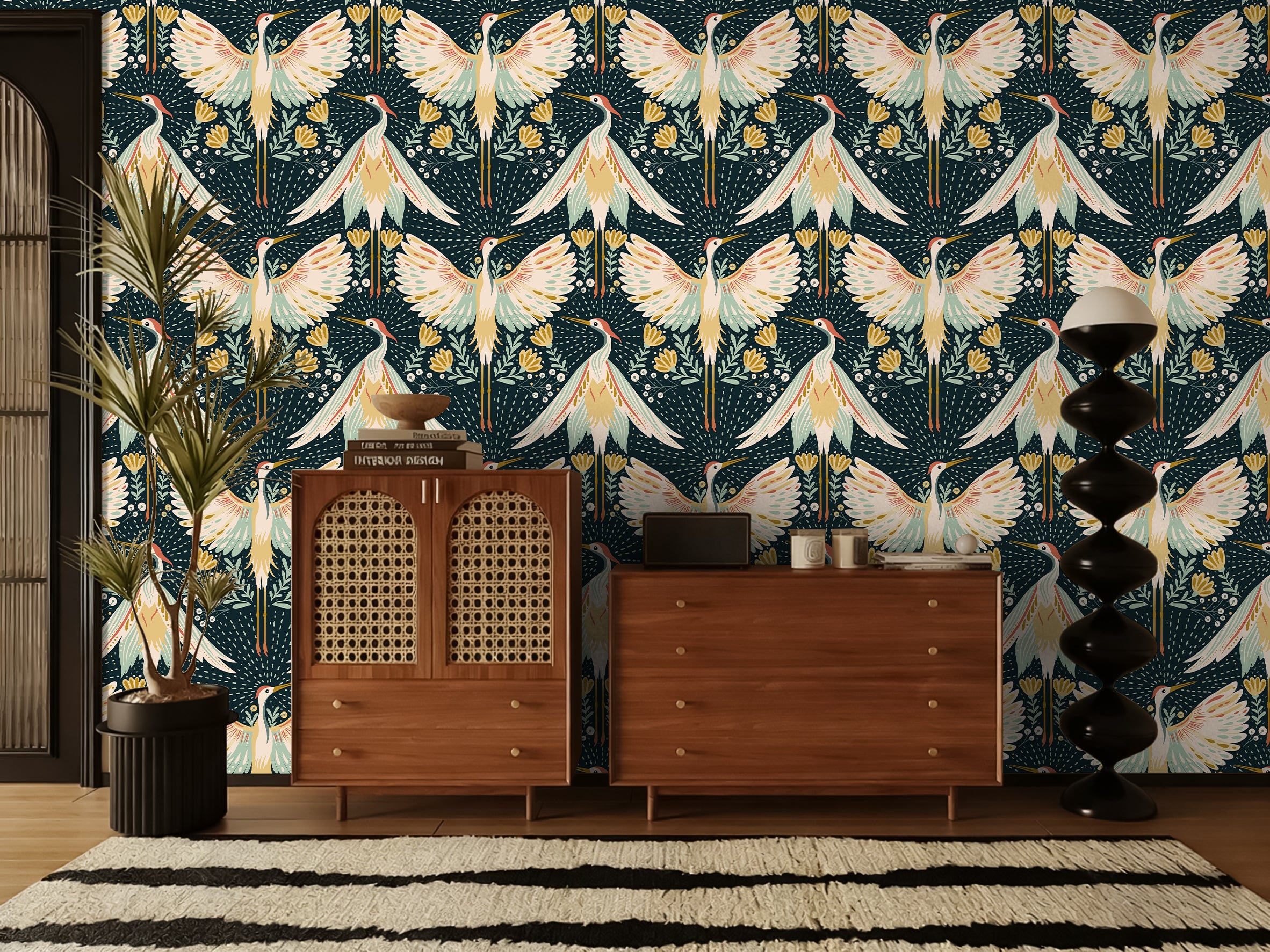 Floralplus Wallpaper Peel and Stick Bird Floral Boho Dark Green Cream Gold Retro Wall Decor Living Room Bedroom Bathroom Removable Mural