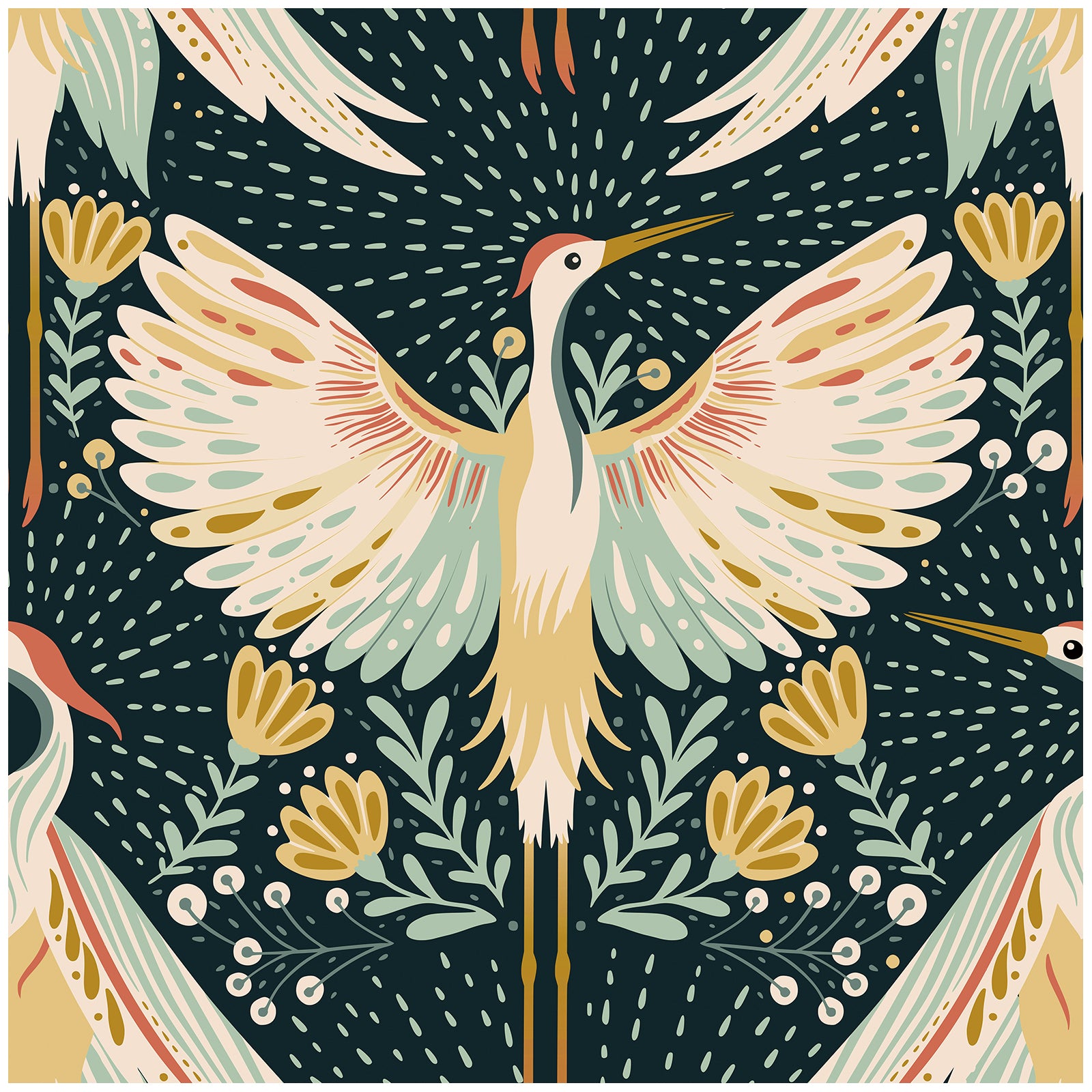 Floralplus Wallpaper Peel and Stick Bird Floral Boho Dark Green Cream Gold Retro Wall Decor Living Room Bedroom Bathroom Removable Mural