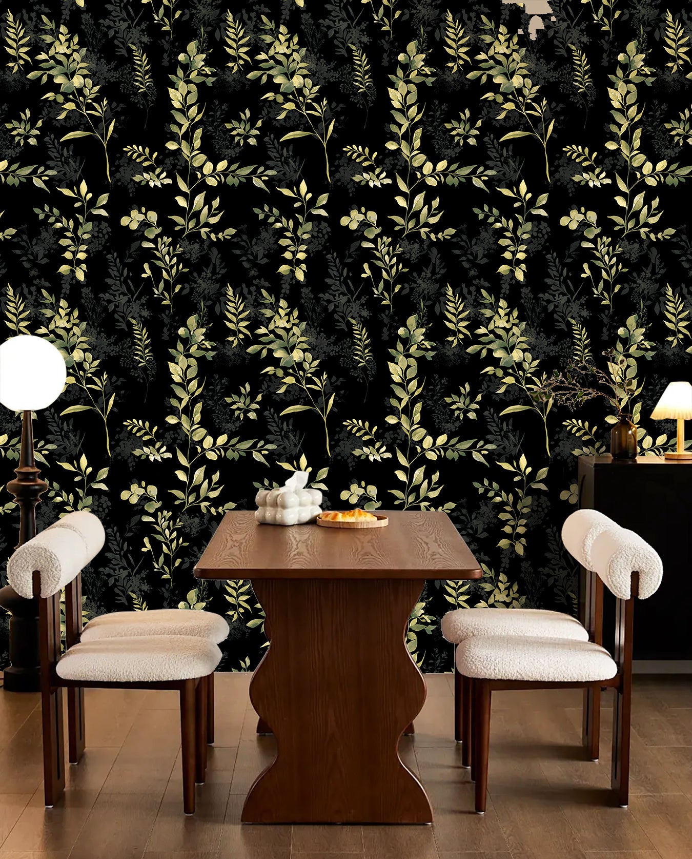 Floralplus Wallpaper Peel and Stick Black Botanical Green Leaf Removable Wall Mural Self Adhesive Jungle Plant Wall Decor Bathroom Bedroom Accent
