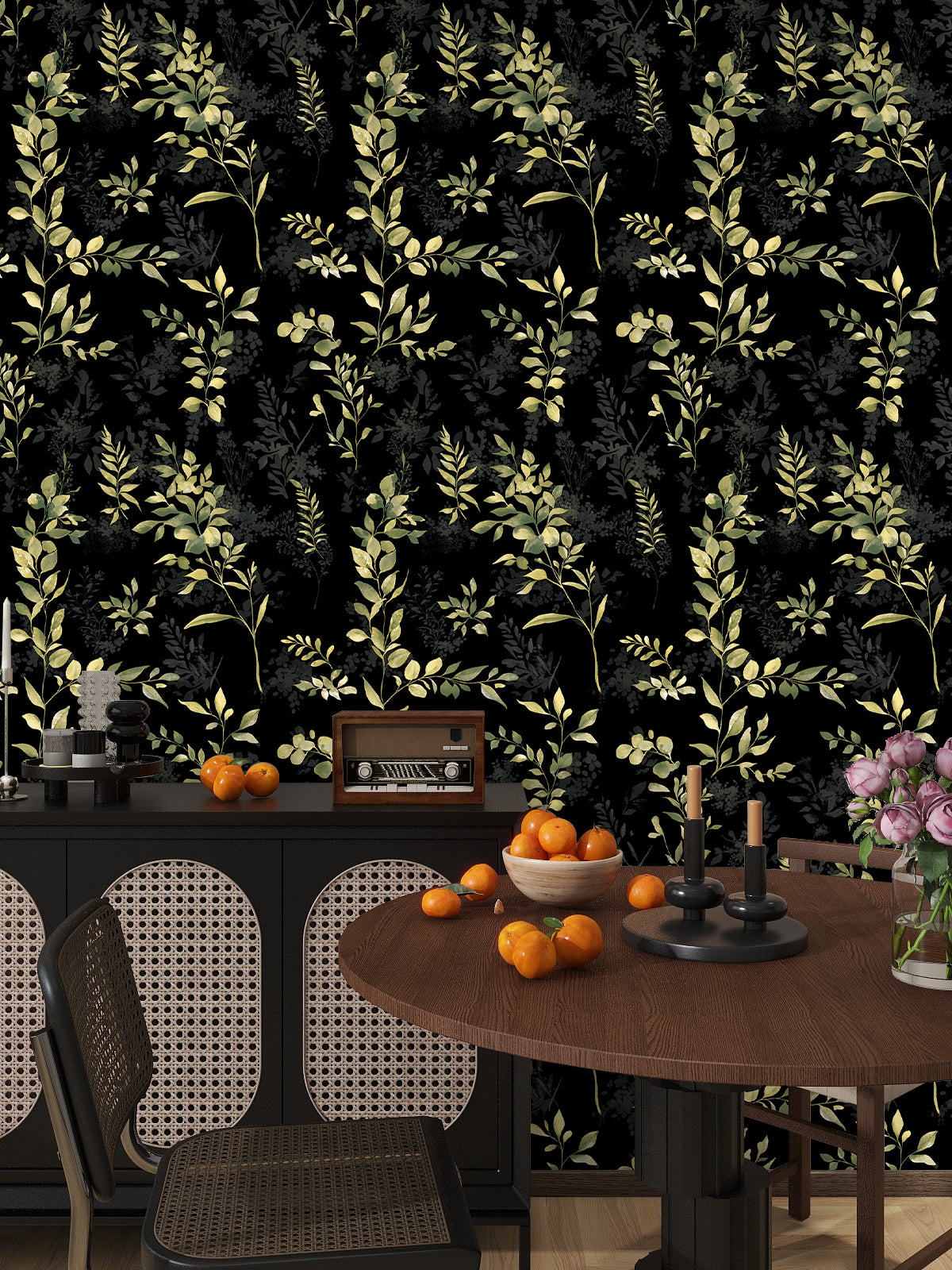 Floralplus Wallpaper Peel and Stick Black Botanical Green Leaf Removable Wall Mural Self Adhesive Jungle Plant Wall Decor Bathroom Bedroom Accent