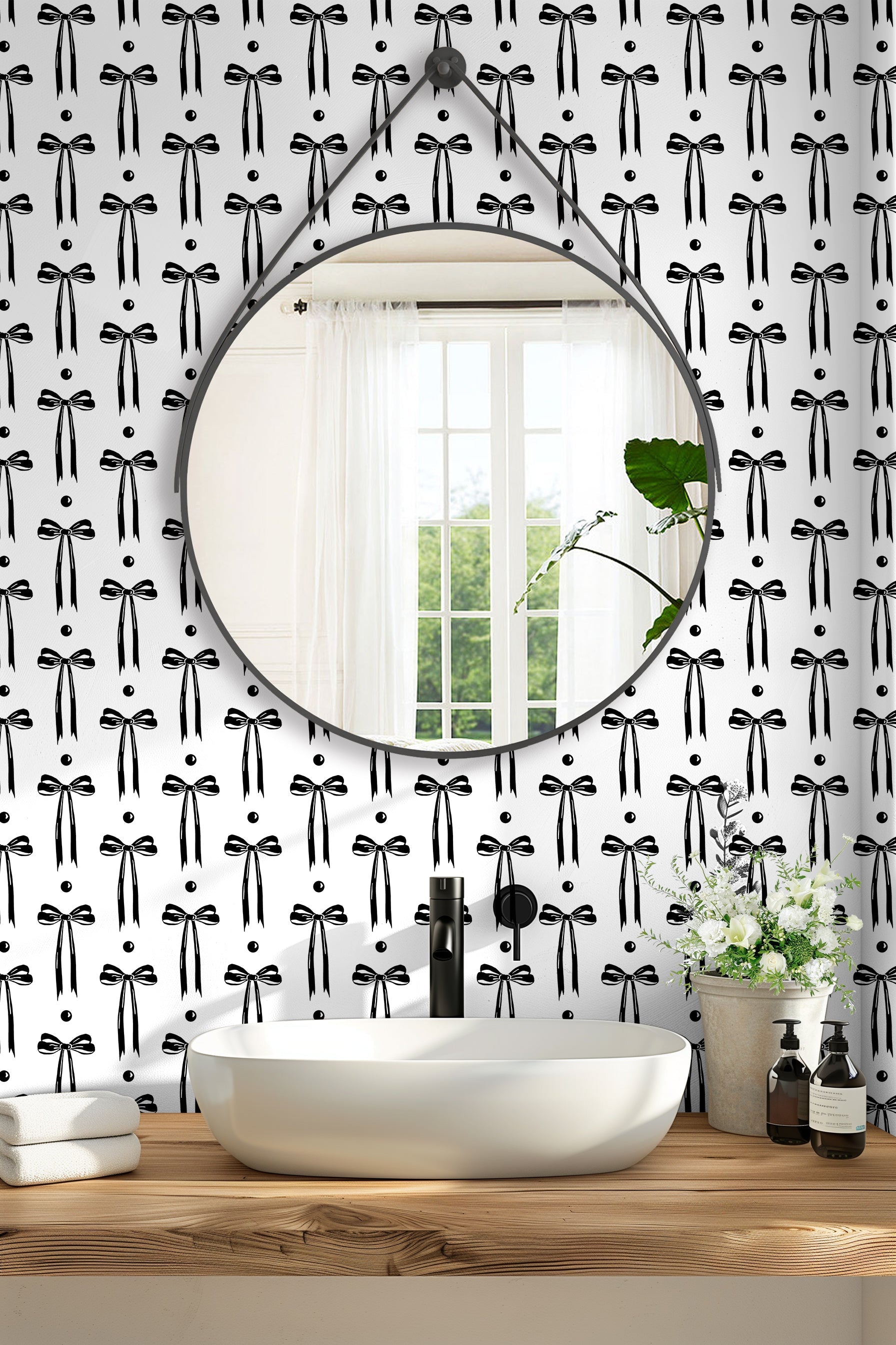 Floralplus Wallpaper Peel and Stick Black Bow Ribbon Aesthetic Girly Bedroom Vanity Nursery Removable Self Adhesive Wall Decor Mural