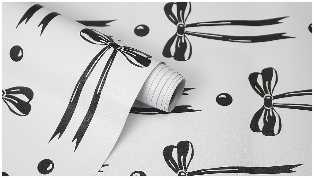 Floralplus Wallpaper Peel and Stick Black Bow Ribbon Aesthetic Girly Bedroom Vanity Nursery Removable Self Adhesive Wall Decor Mural
