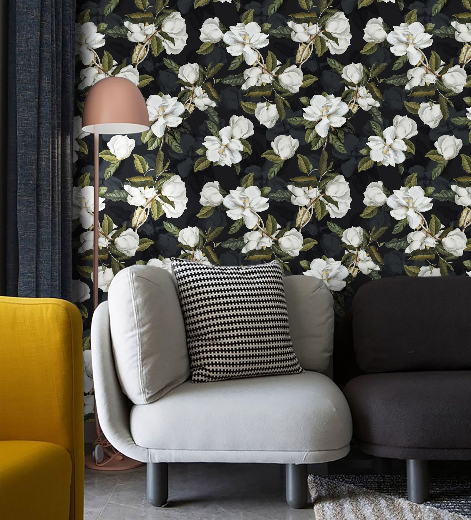 Floralplus Wallpaper Peel and Stick Black Magnolia Floral Removable Wall Mural Self Adhesive Dark Botanical Bedroom Living Room Bathroom Accent Wall