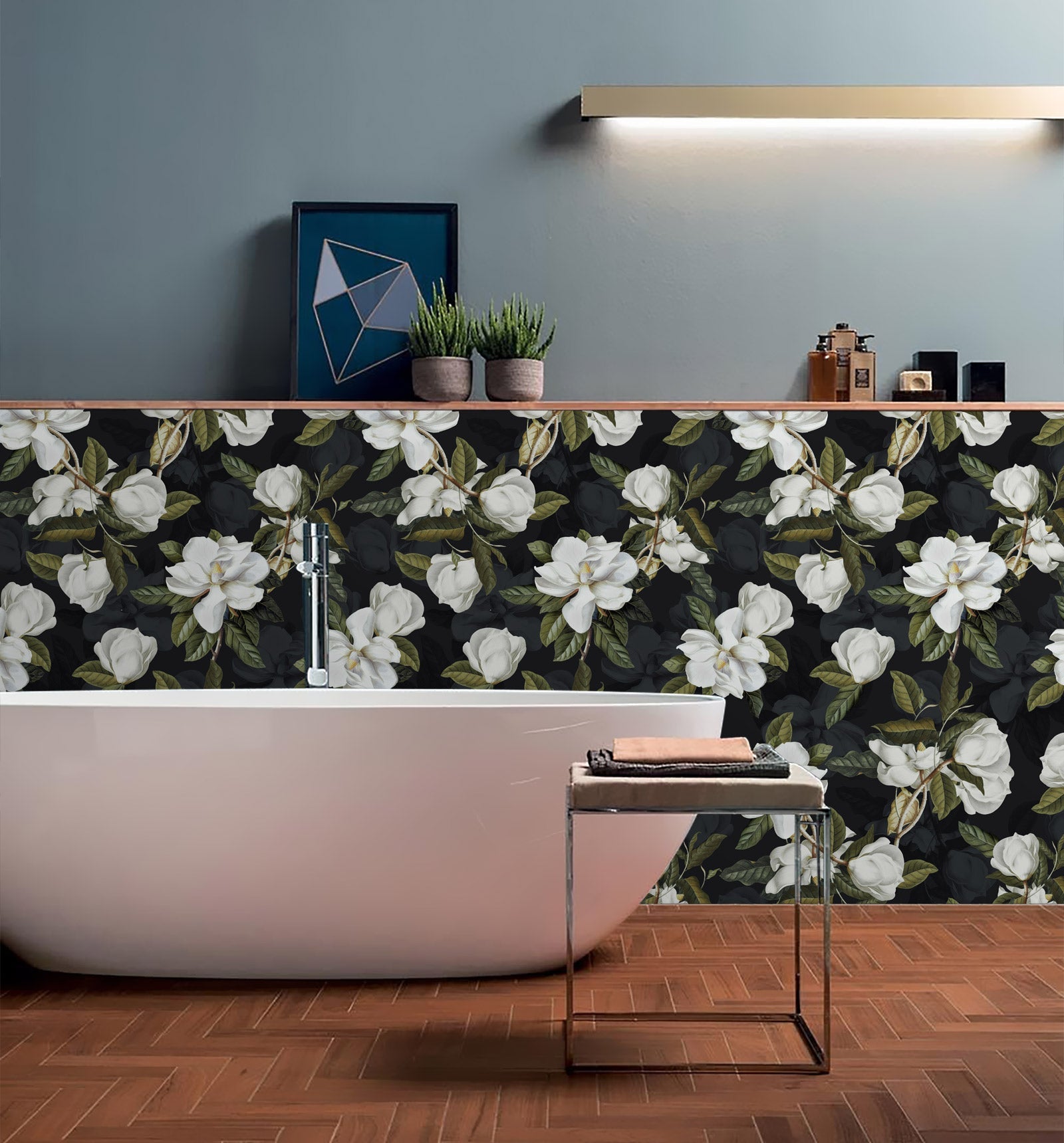 Floralplus Wallpaper Peel and Stick Black Magnolia Floral Removable Wall Mural Self Adhesive Dark Botanical Bedroom Living Room Bathroom Accent Wall
