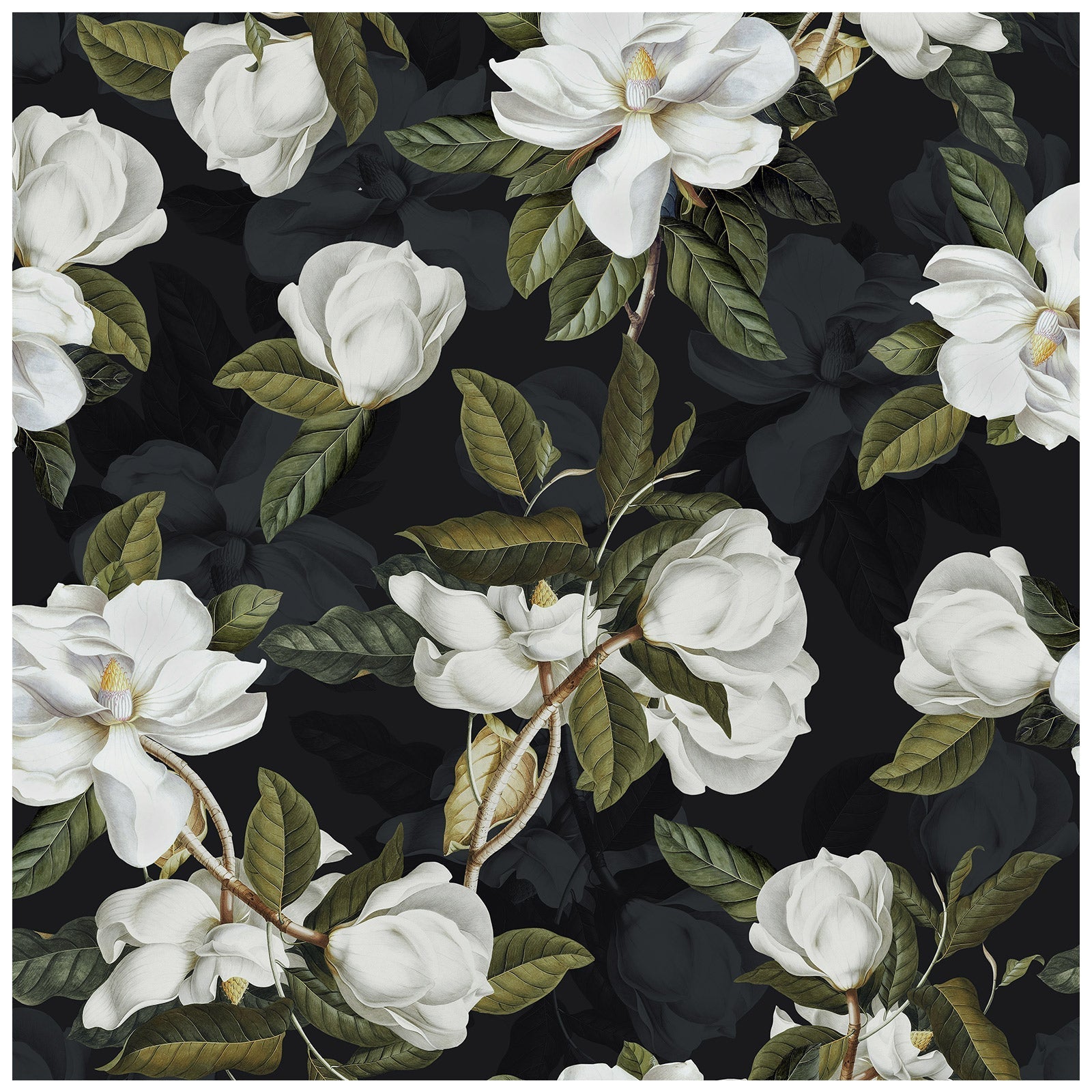 Floralplus Wallpaper Peel and Stick Black Magnolia Floral Removable Wall Mural Self Adhesive Dark Botanical Bedroom Living Room Bathroom Accent Wall