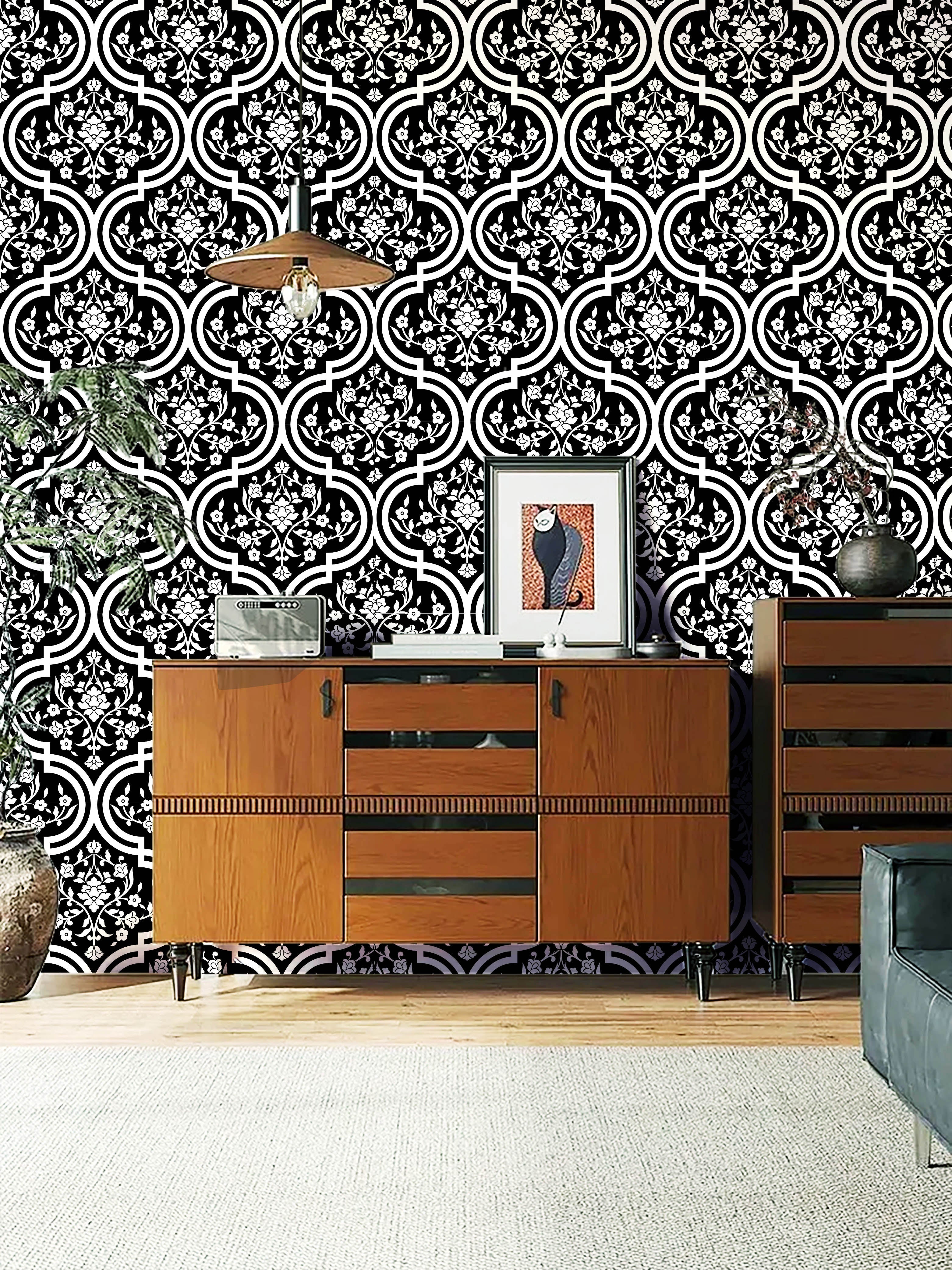Floralplus Wallpaper Peel and Stick Black White Moroccan Floral Tile Vintage Boho Modern Farmhouse Wall Decor Bathroom Kitchen Removable Mural
