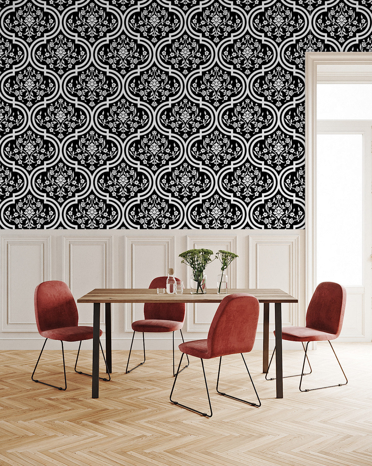 Floralplus Wallpaper Peel and Stick Black White Moroccan Floral Tile Vintage Boho Modern Farmhouse Wall Decor Bathroom Kitchen Removable Mural