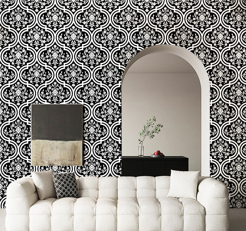 Floralplus Wallpaper Peel and Stick Black White Moroccan Floral Tile Vintage Boho Modern Farmhouse Wall Decor Bathroom Kitchen Removable Mural