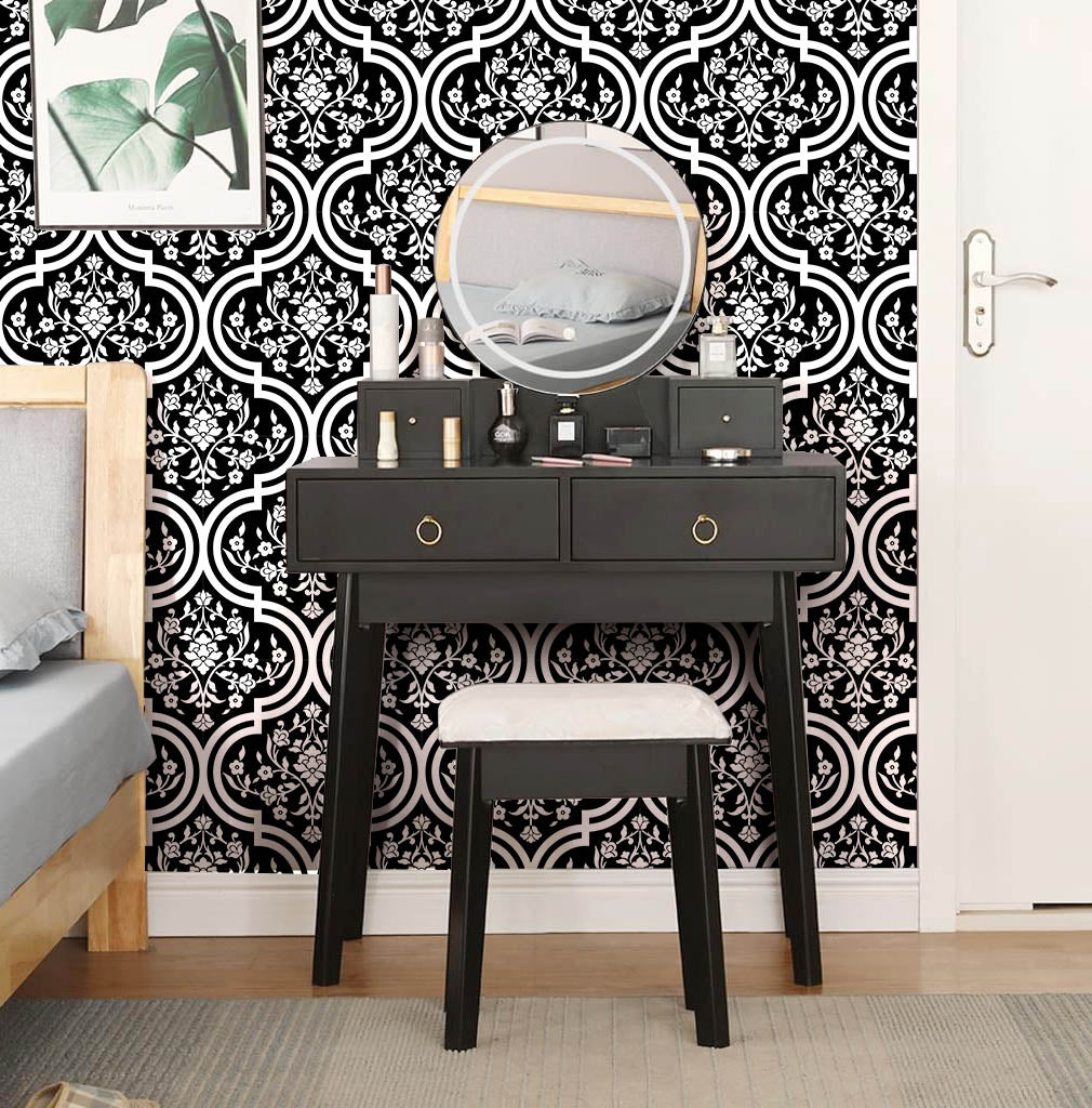 Floralplus Wallpaper Peel and Stick Black White Moroccan Floral Tile Vintage Boho Modern Farmhouse Wall Decor Bathroom Kitchen Removable Mural