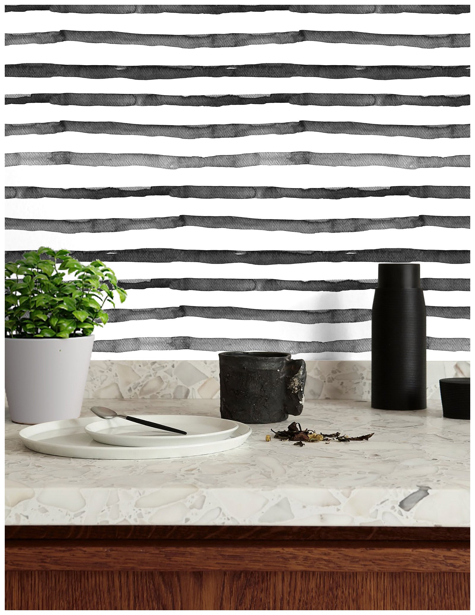 Floralplus Wallpaper Peel and Stick Black White Watercolor Stripe Modern Minimalist Wall Decor Bathroom Bedroom Nursery Removable Mural