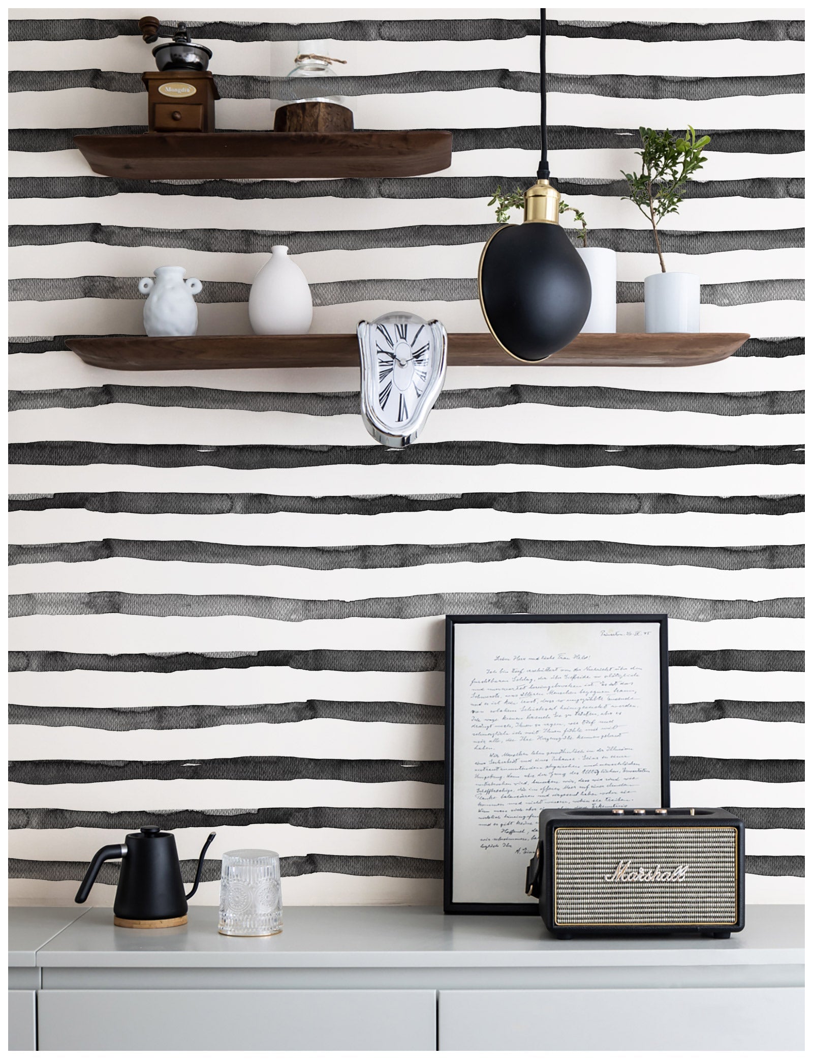 Floralplus Wallpaper Peel and Stick Black White Watercolor Stripe Modern Minimalist Wall Decor Bathroom Bedroom Nursery Removable Mural