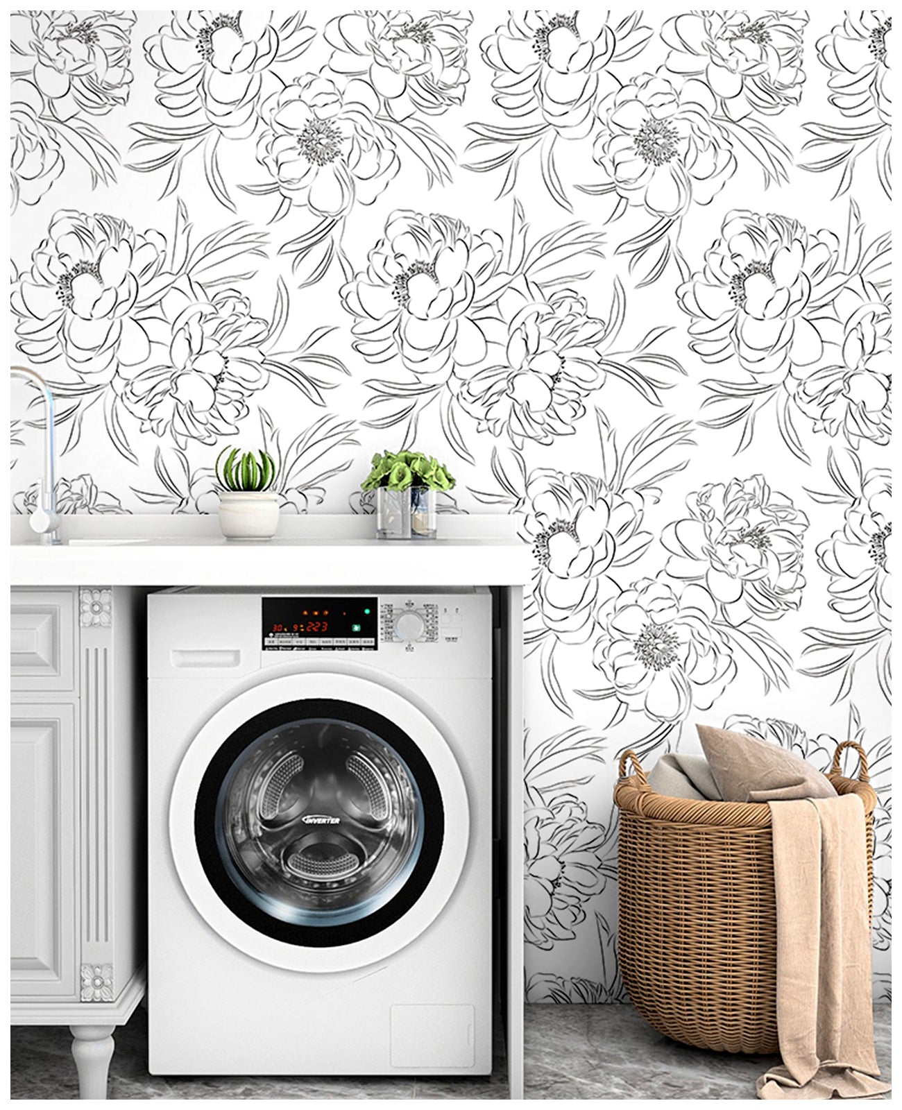 Floralplus Wallpaper Peel and Stick Black and White Peony Floral Line Art Coloring Wall Mural Bathroom Bedroom Nursery Removable Self Adhesive Wall Decor