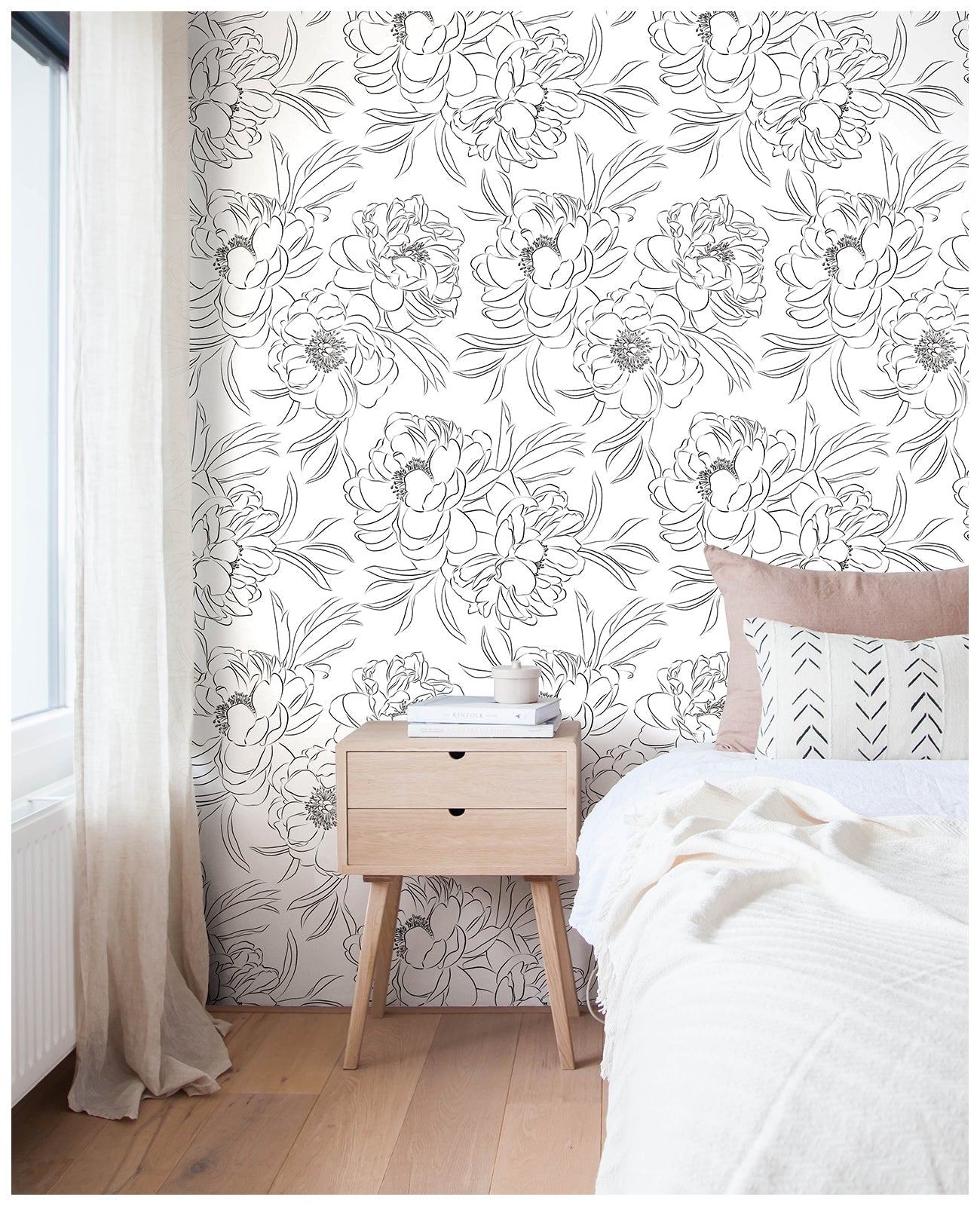 Floralplus Wallpaper Peel and Stick Black and White Peony Floral Line Art Coloring Wall Mural Bathroom Bedroom Nursery Removable Self Adhesive Wall Decor