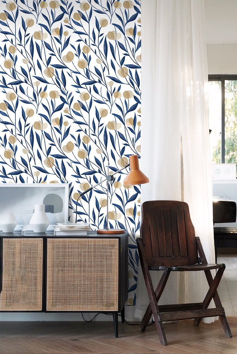 Floralplus Wallpaper Peel and Stick Blue Botanical Floral Wall Decor Modern Watercolor Flower Removable Wallpaper Self Adhesive Wall Mural for Bedroom Living Room Bathroom