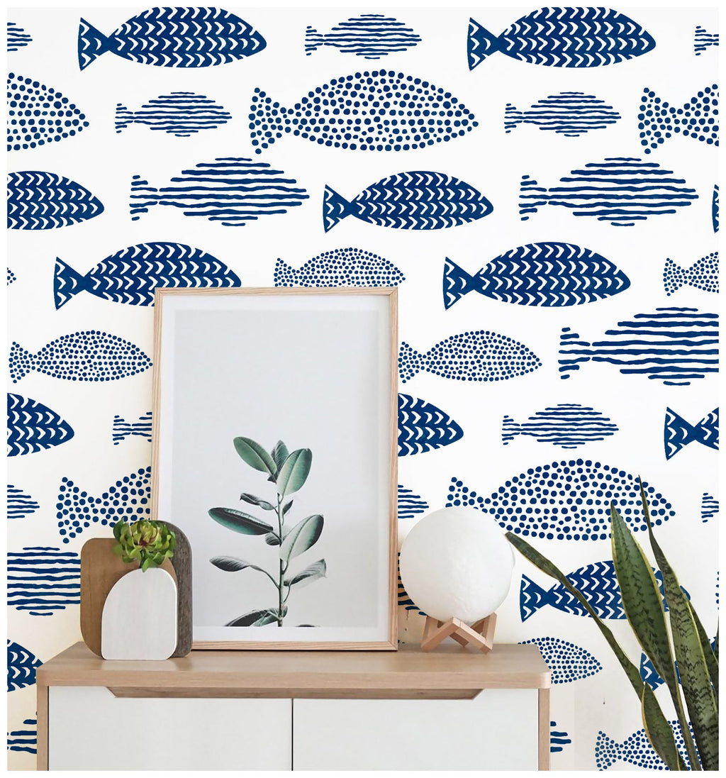 Floralplus Wallpaper Peel and Stick Blue Fish Coastal Kids Bathroom Nautical Ocean Wall Decor Removable Self Adhesive Mural