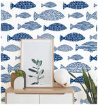 Floralplus Wallpaper Peel and Stick Blue Fish Coastal Kids Bathroom Nautical Ocean Wall Decor Removable Self Adhesive Mural