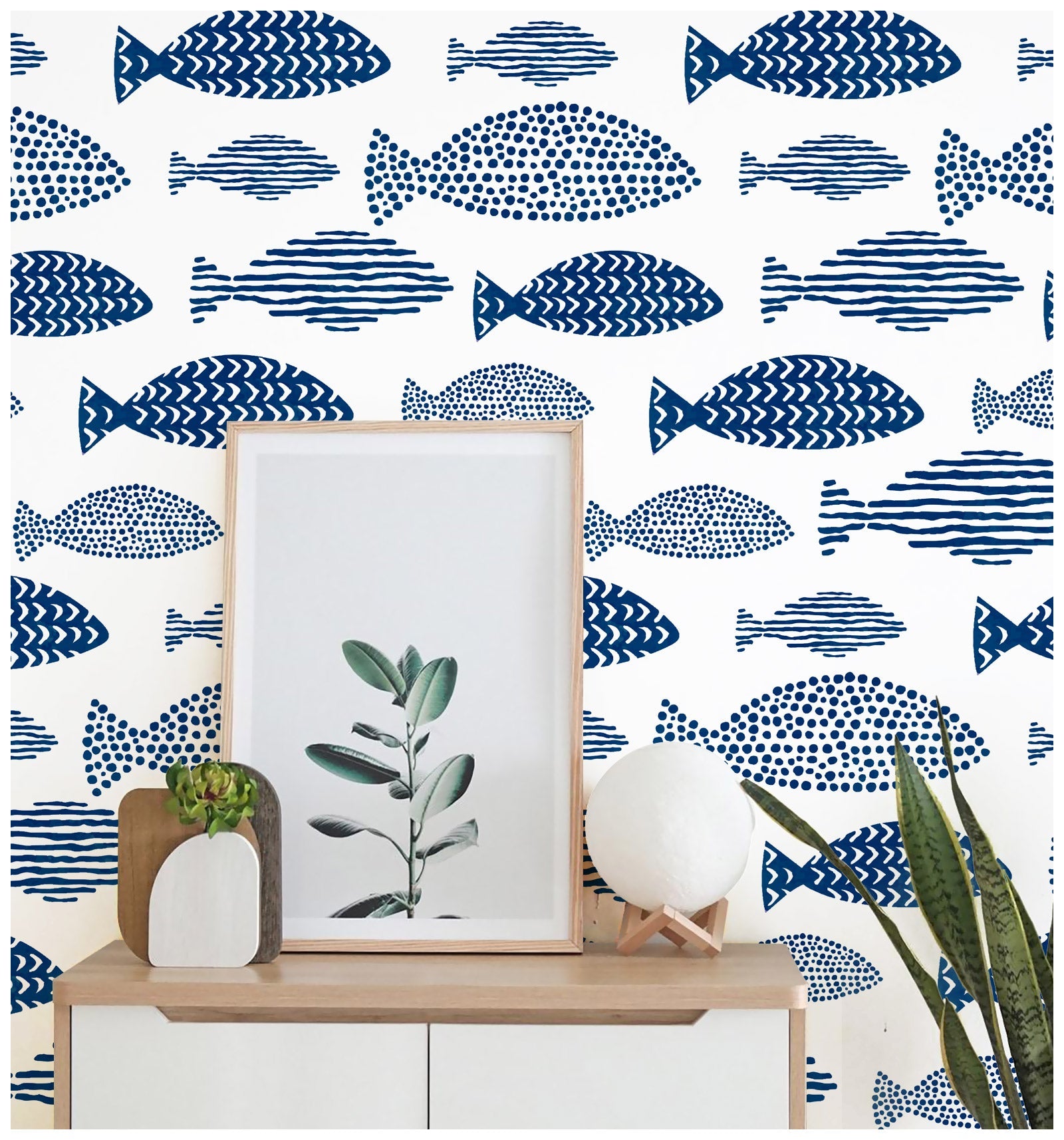 Floralplus Wallpaper Peel and Stick Blue Fish Coastal Kids Bathroom Nautical Ocean Wall Decor Removable Self Adhesive Mural