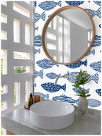 Floralplus Wallpaper Peel and Stick Blue Fish Coastal Kids Bathroom Nautical Ocean Wall Decor Removable Self Adhesive Mural