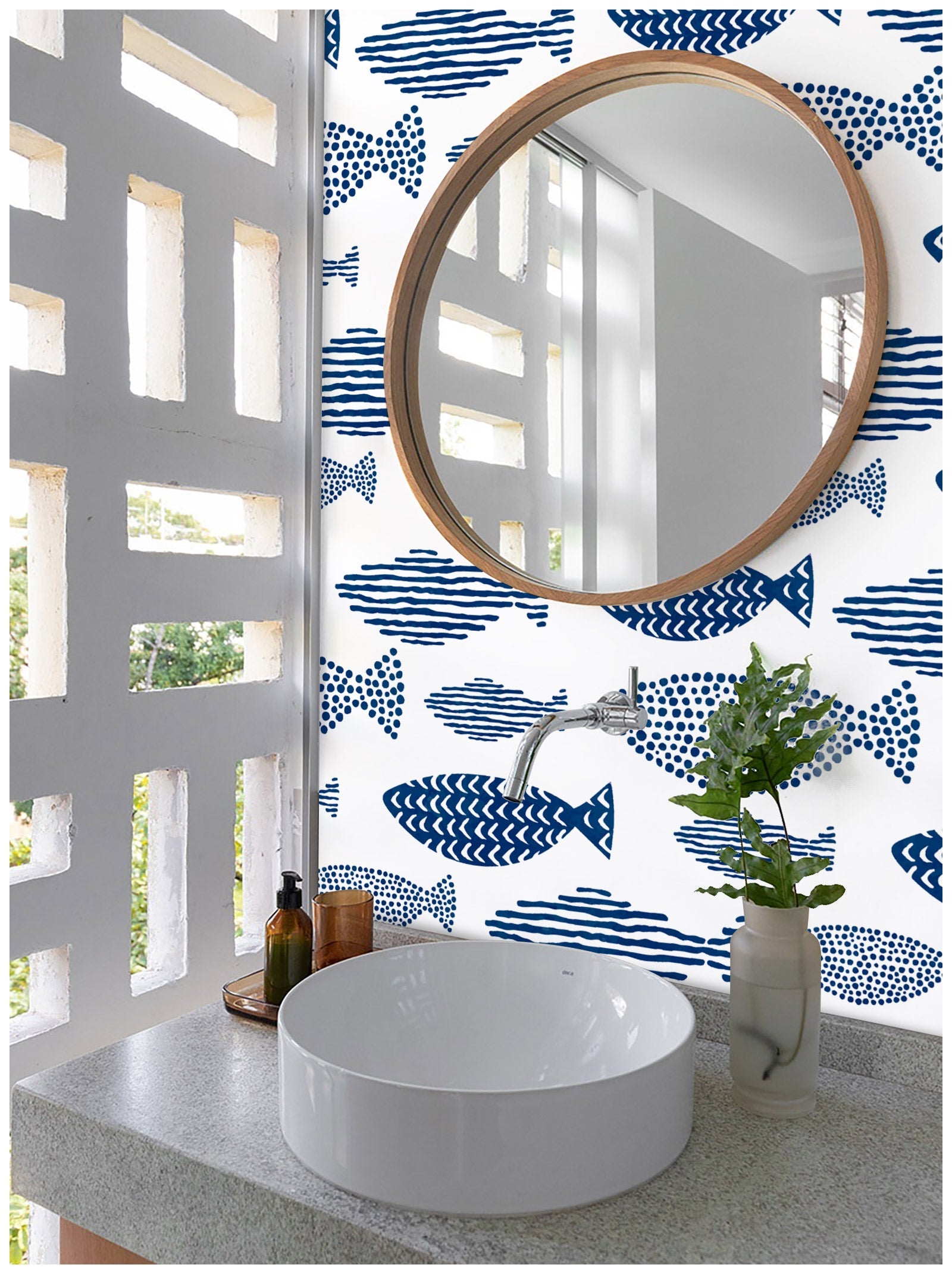 Floralplus Wallpaper Peel and Stick Blue Fish Coastal Kids Bathroom Nautical Ocean Wall Decor Removable Self Adhesive Mural