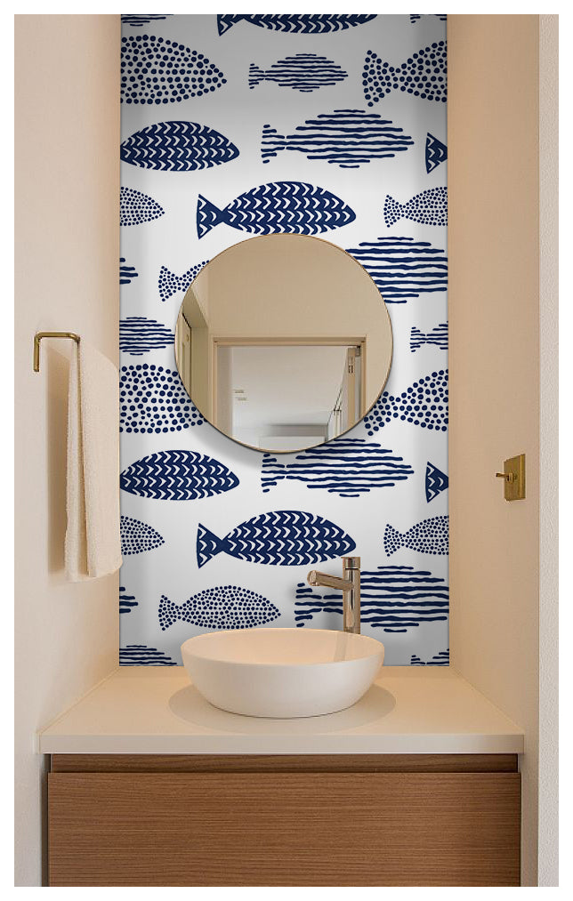 Floralplus Wallpaper Peel and Stick Blue Fish Coastal Kids Bathroom Nautical Ocean Wall Decor Removable Self Adhesive Mural