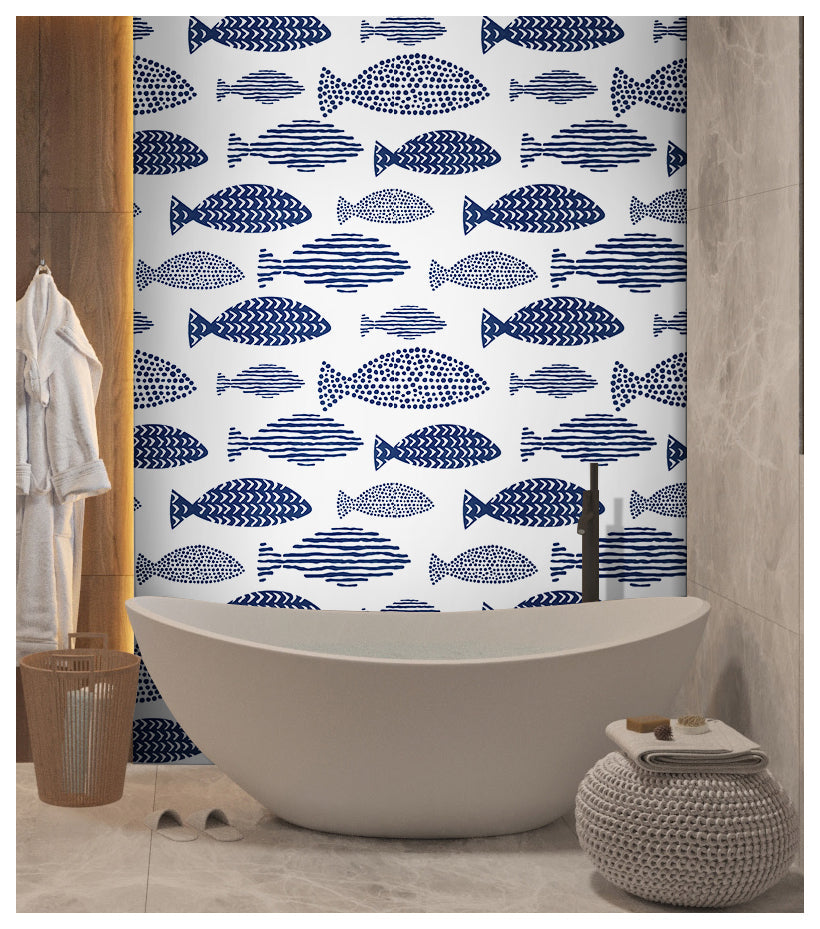 Floralplus Wallpaper Peel and Stick Blue Fish Coastal Kids Bathroom Nautical Ocean Wall Decor Removable Self Adhesive Mural
