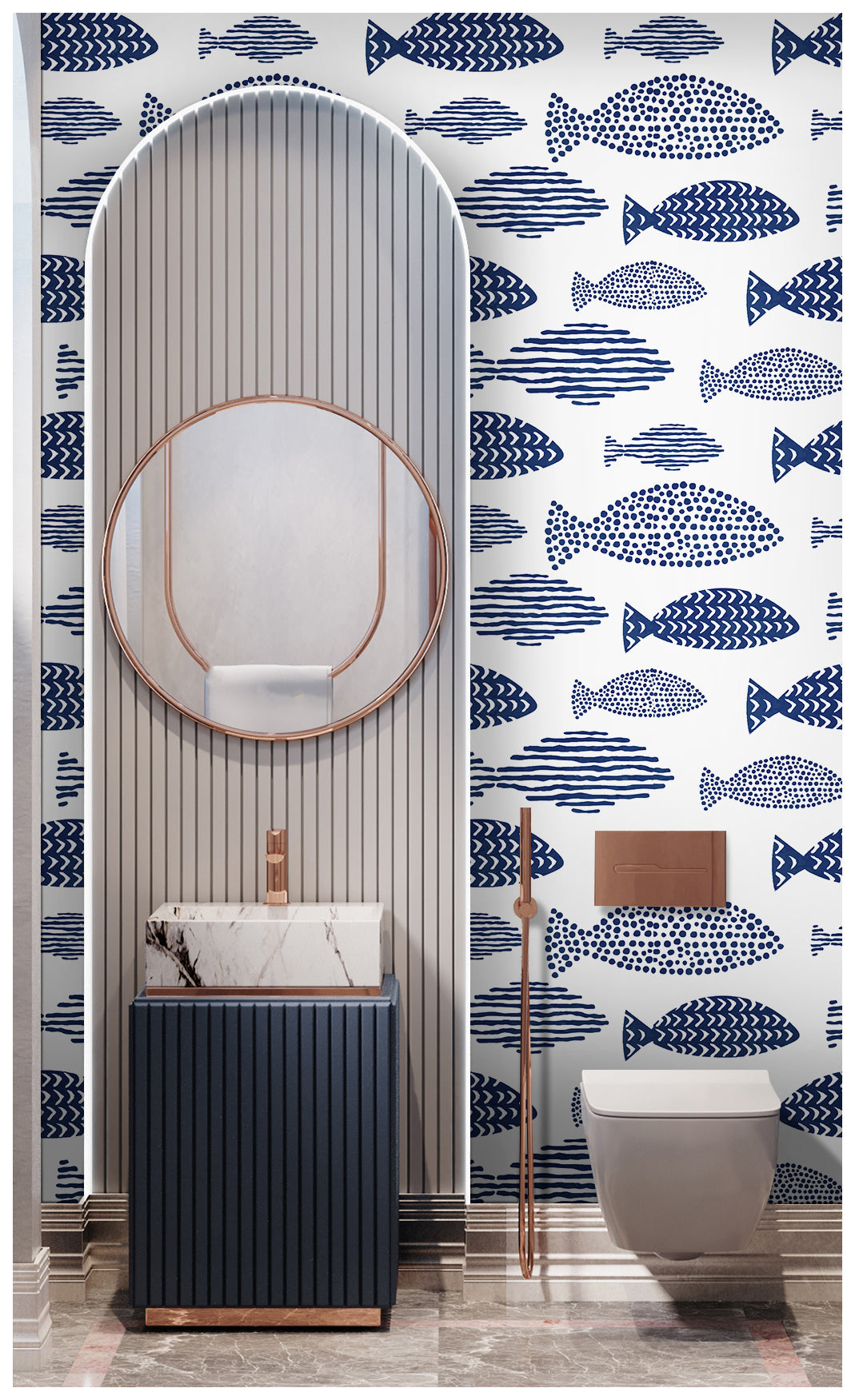 Floralplus Wallpaper Peel and Stick Blue Fish Coastal Kids Bathroom Nautical Ocean Wall Decor Removable Self Adhesive Mural