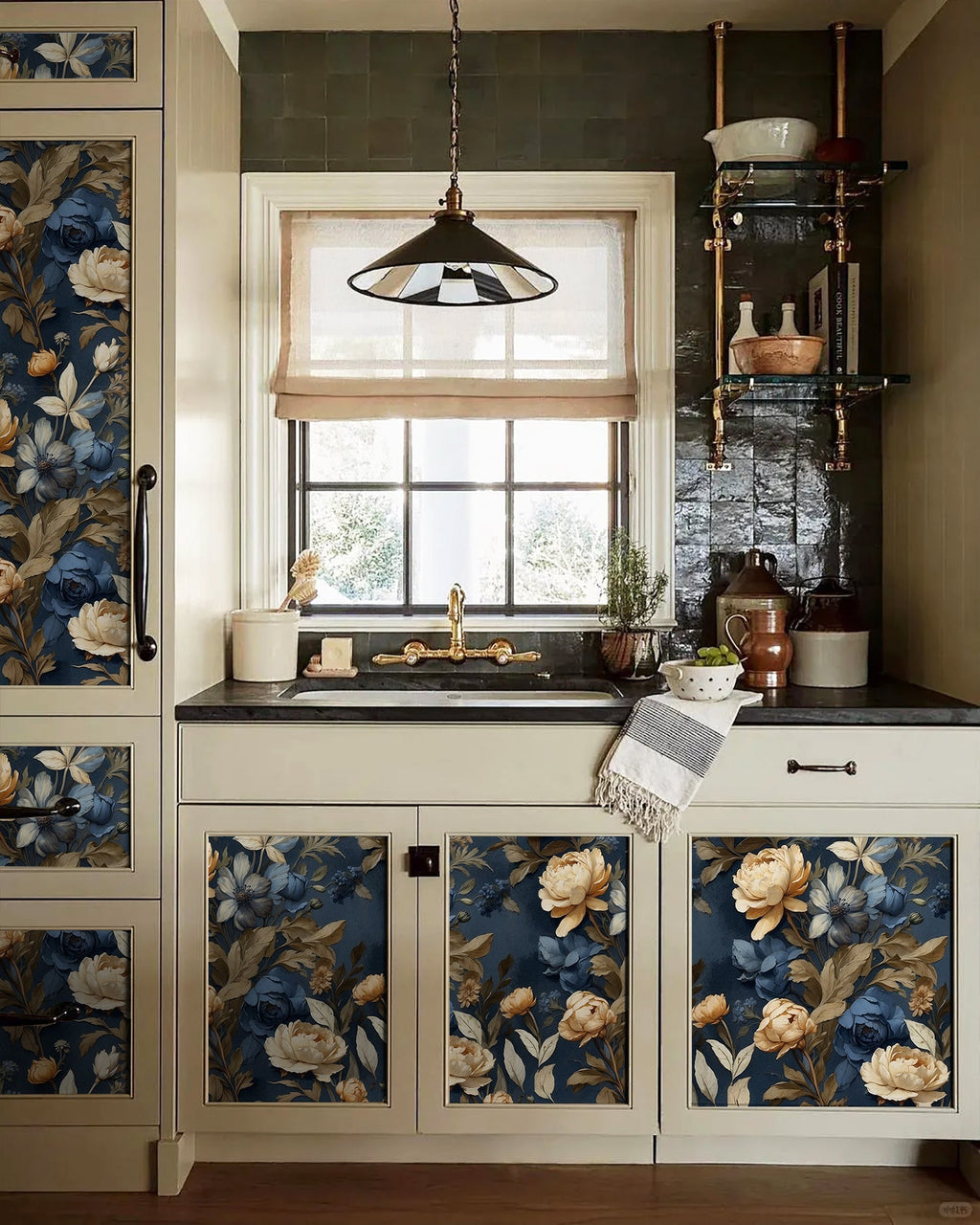 Floralplus Wallpaper Peel and Stick Blue Gold Vintage Floral Dark Botanical Wall Decor Removable Self Adhesive Wall Mural for Bedroom Living Room Bathroom Accent Walls