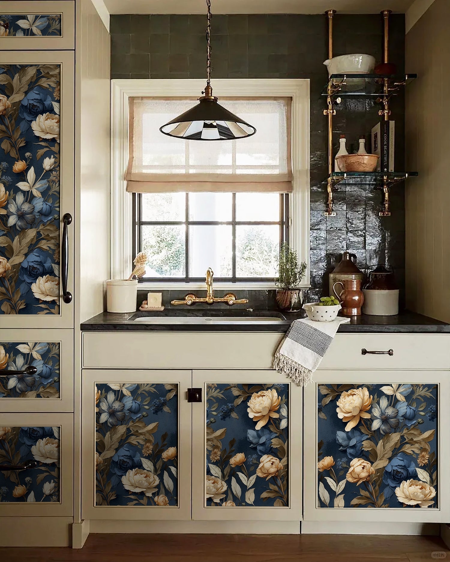 Floralplus Wallpaper Peel and Stick Blue Gold Vintage Floral Dark Botanical Wall Decor Removable Self Adhesive Wall Mural for Bedroom Living Room Bathroom Accent Walls