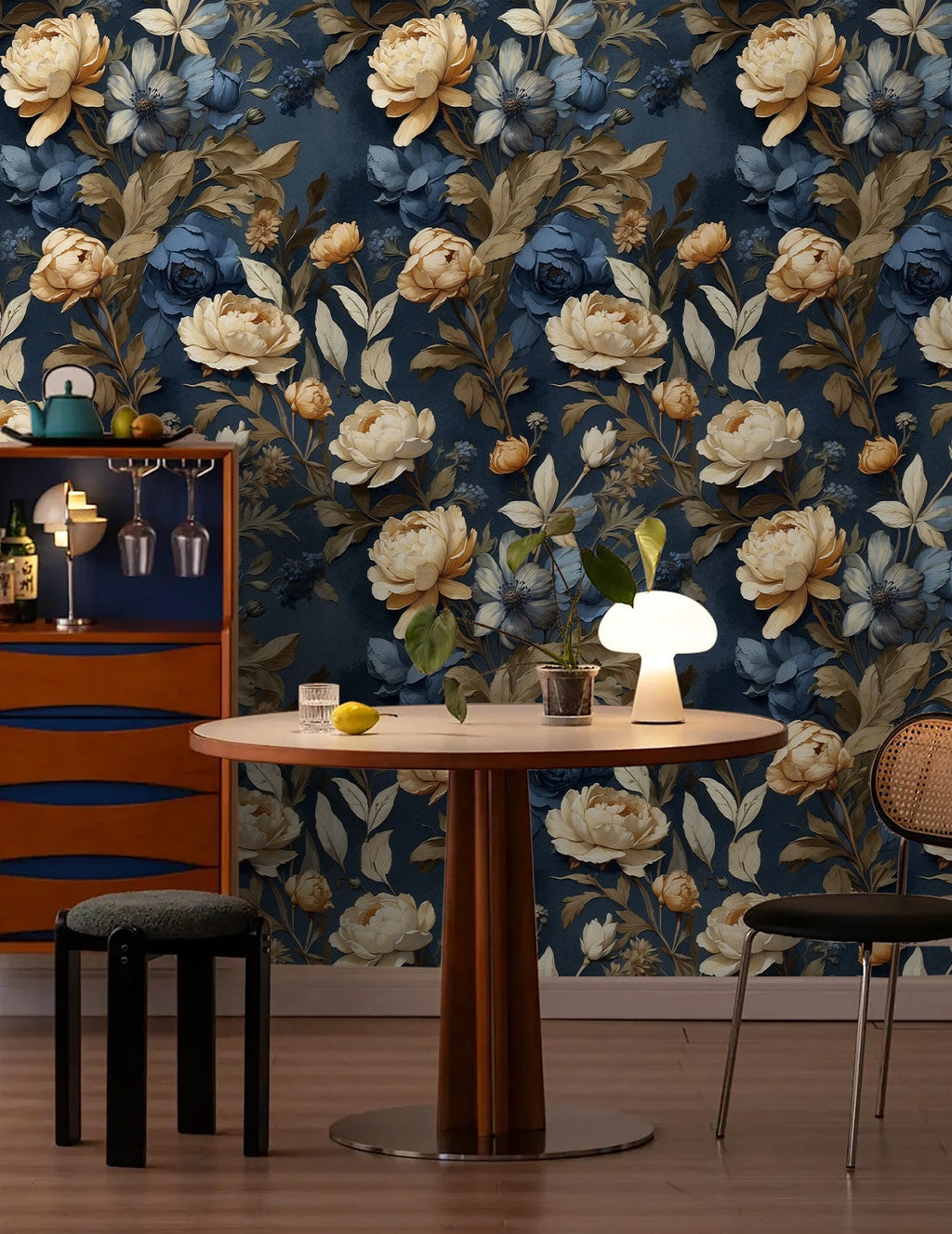 Floralplus Wallpaper Peel and Stick Blue Gold Vintage Floral Dark Botanical Wall Decor Removable Self Adhesive Wall Mural for Bedroom Living Room Bathroom Accent Walls